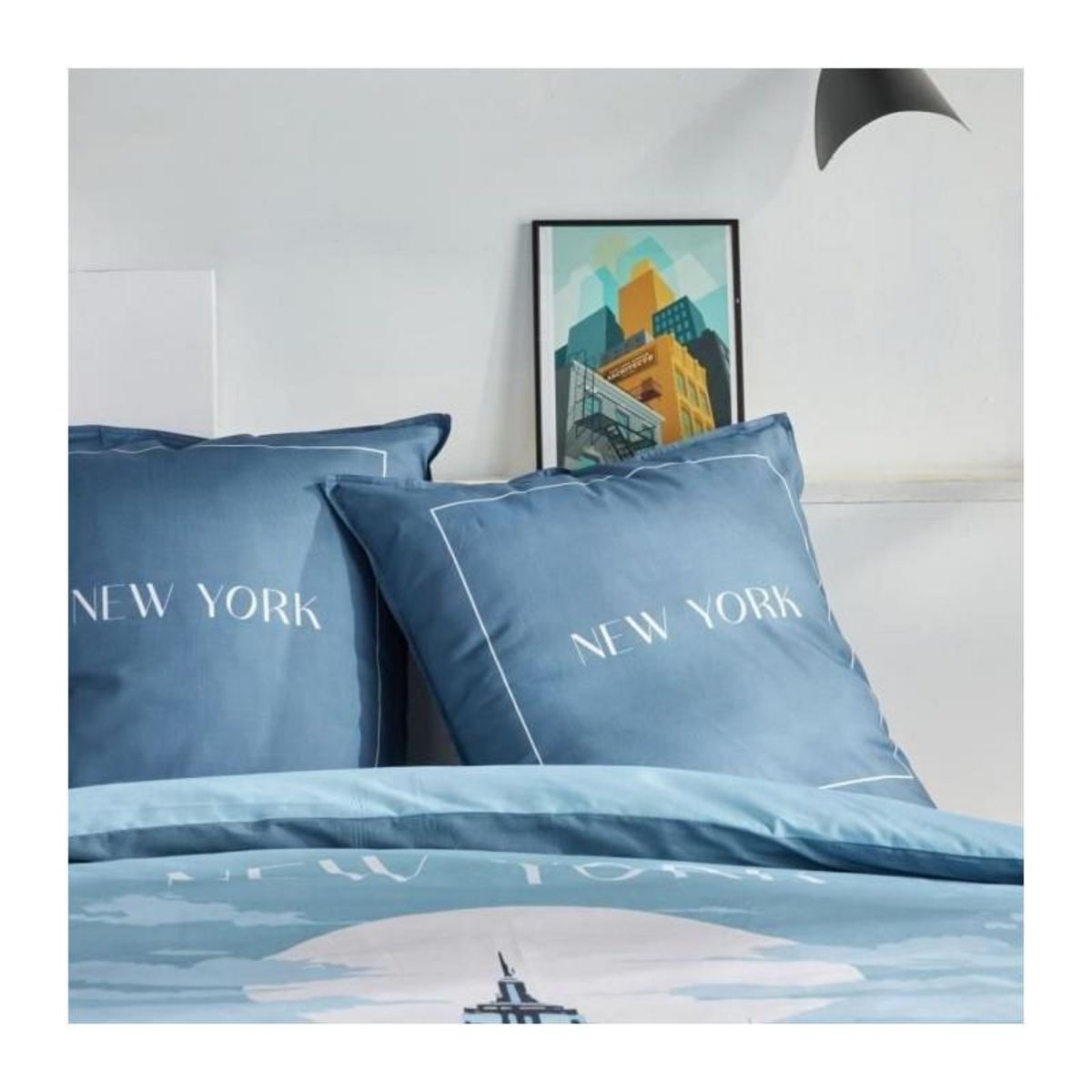 Today Parure de lit - TODAY - JAVA - 2 personnes - 240x220 cm - Coton - Imprimé New York - Bleu