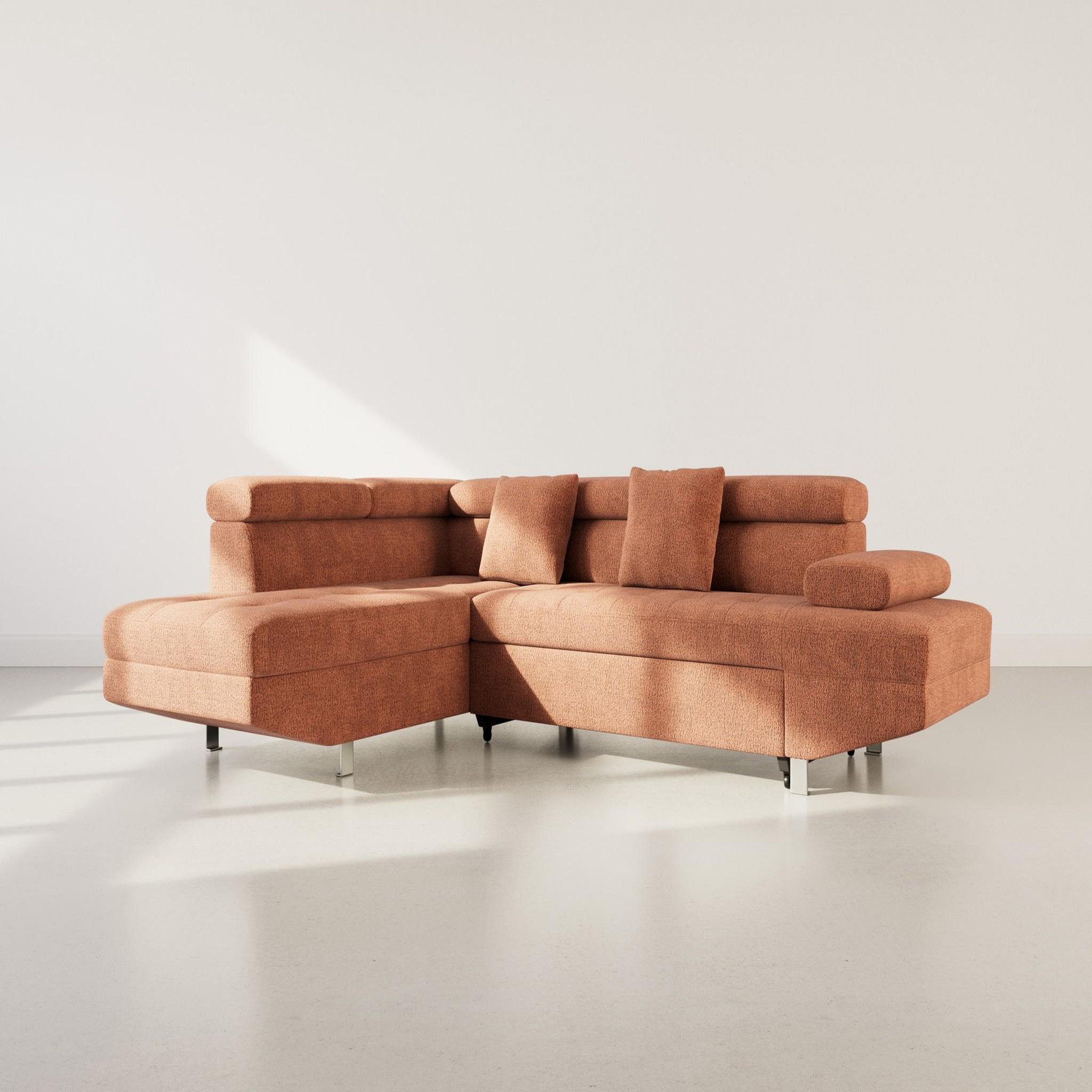 BEST MOBILIER Margaux - canapé d'angle gauche 5 places convertible avec coffre et têtières réglables en velours texturé. Coloris disponibles : Vert, Orange, Gris, Beige