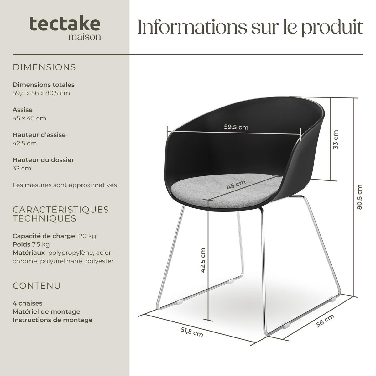 tectake Chaises avec accoudoirs en plastique assise en plastique rembourrée noir/gris chrome Lot de 4