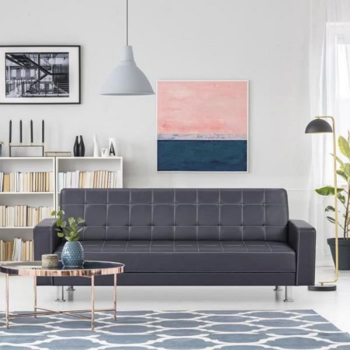 MARKET24 Canapé Droit Clic clac convertible 3 places IVANA - PU Noir - Style contemporain - L 208 x P 86 x H 80 cm