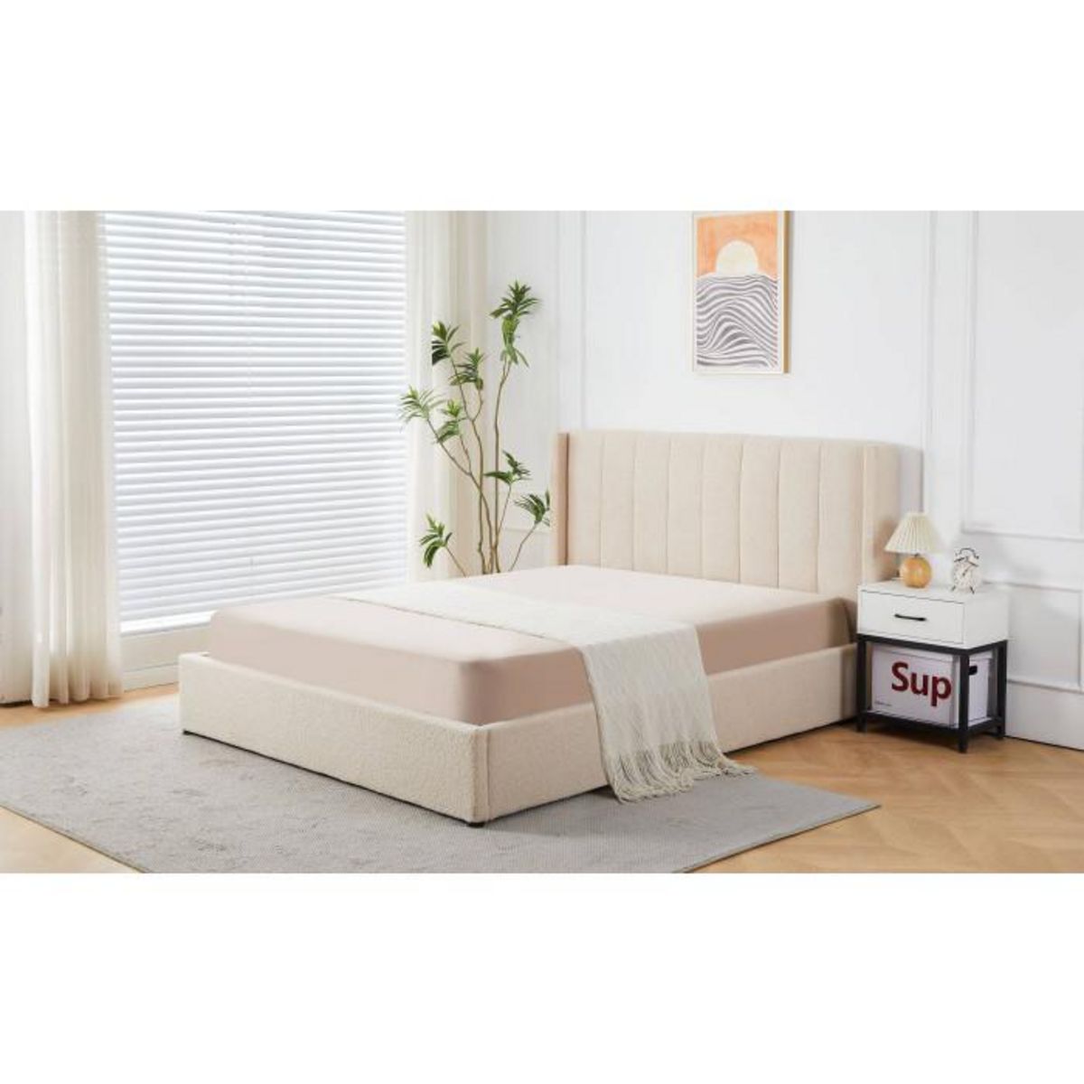 Paris Prix Lit Double Coffre Tissu Bouclette  Somia  180x200cm Crème