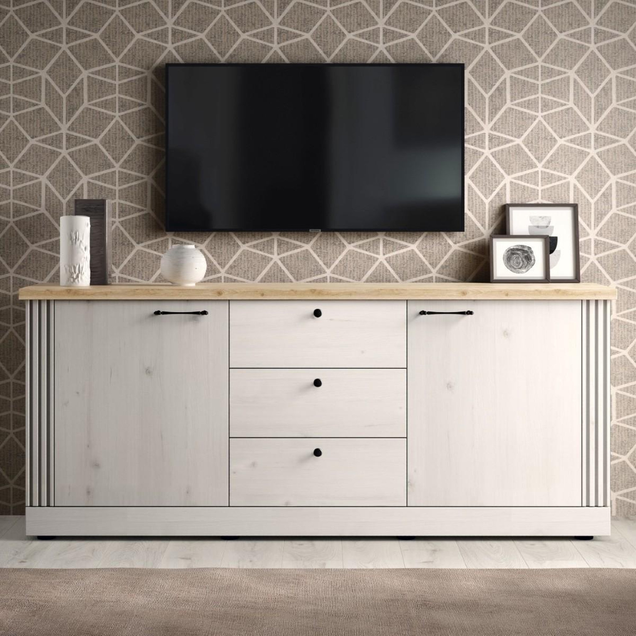 Voir la diapositive 2 : JLC KREATION Buffet moderne 2 portes-3 tiroirs coloris chêne naturel YANIS