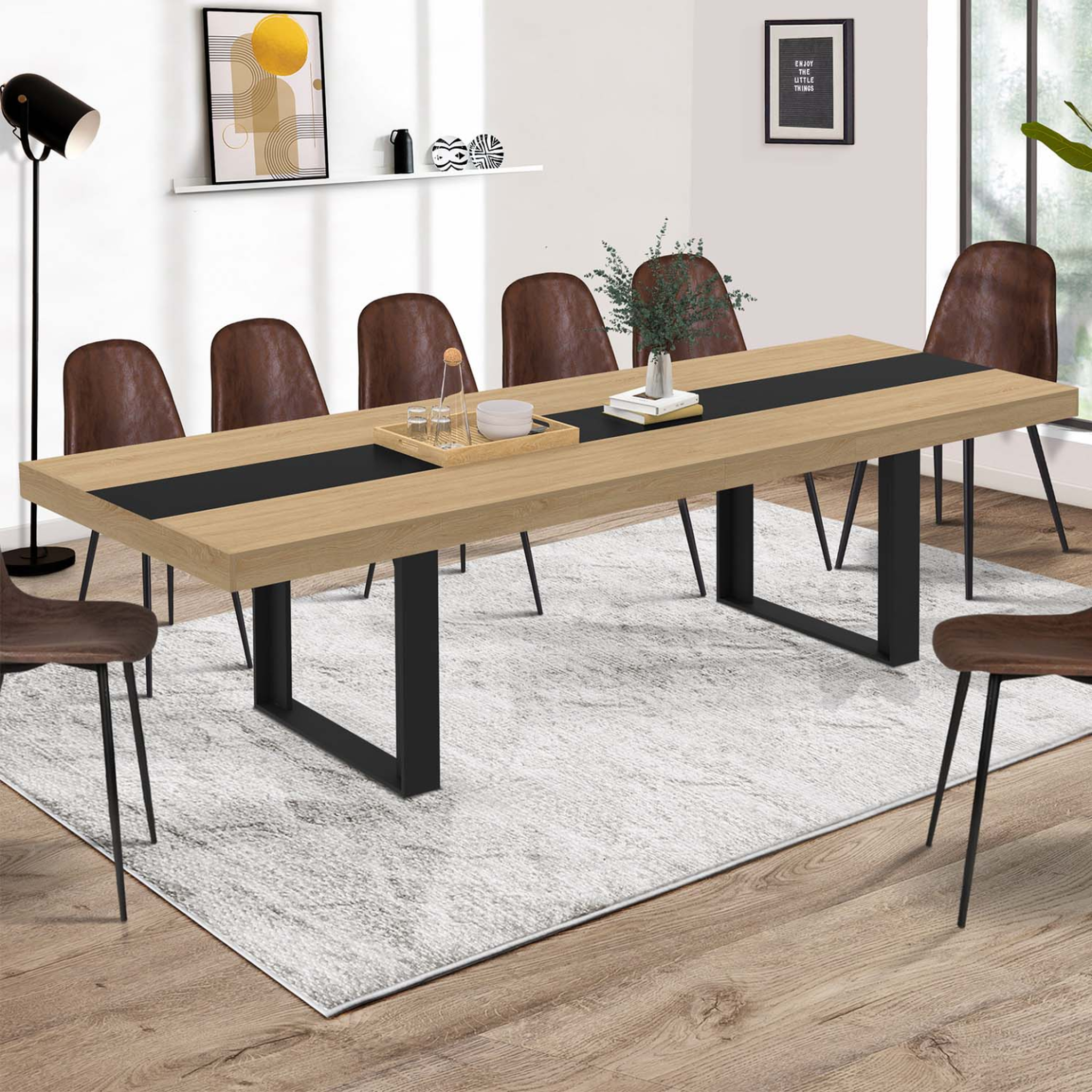 Voir la diapositive 2 : ID MARKET Table à manger extensible rectangle phoenix 6-12 personnes bois et noir bande centrale noire 200-300 cm