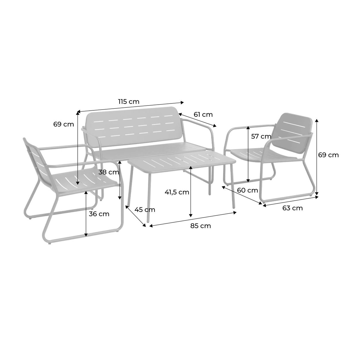 SWEEEK Salon de jardin en métal, 4 places, 1 canapé, 2 fauteuils, 1 table basse