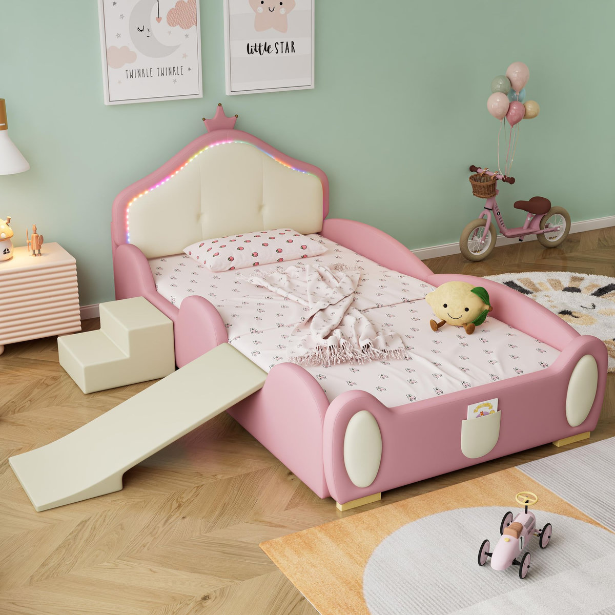 MERAX Lit simple enfant rembourré 90x200cm pu coloris rose led