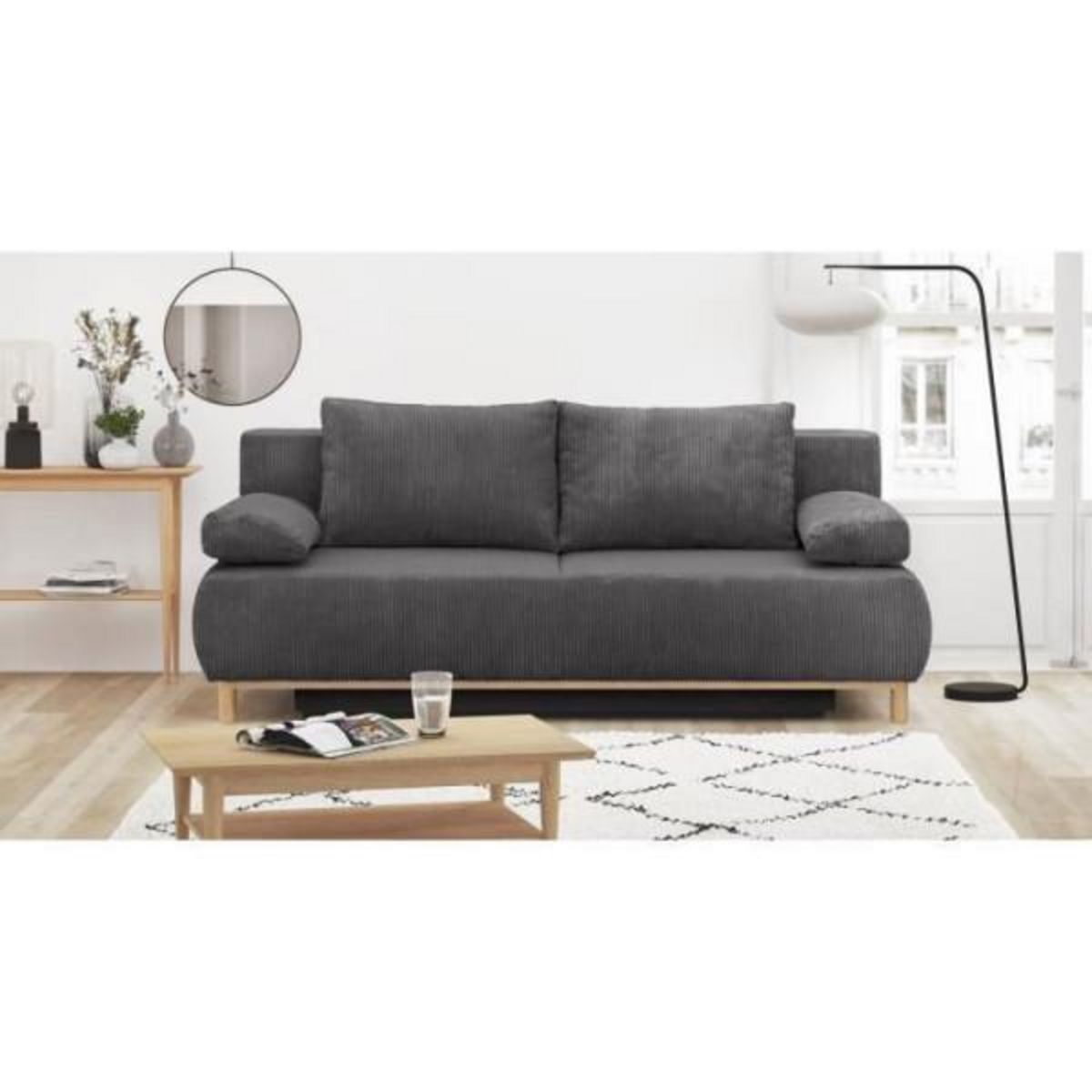MARKET24 Banquette convertible 3 places MIKA - Velours côtelé gris foncé - Coffre de rangement - L 192 x H 84 x P 93 cm