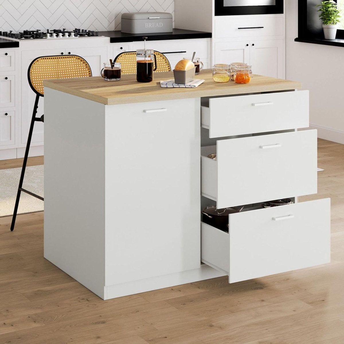 ID MARKET Ilot central TIBO 110 cm casserolier 3 tiroirs bois blanc avec plan de travail façon hêtre