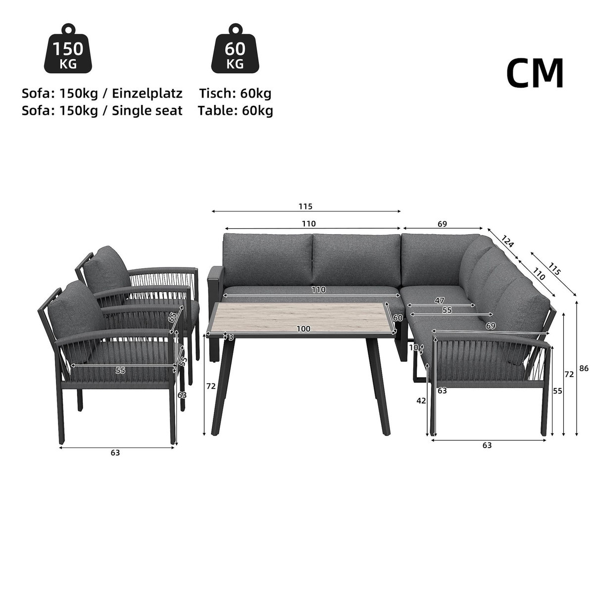 MERAX Salon de jardin 8 places en fer avec table aspect bois, pieds réglables, coussins fournis, gris