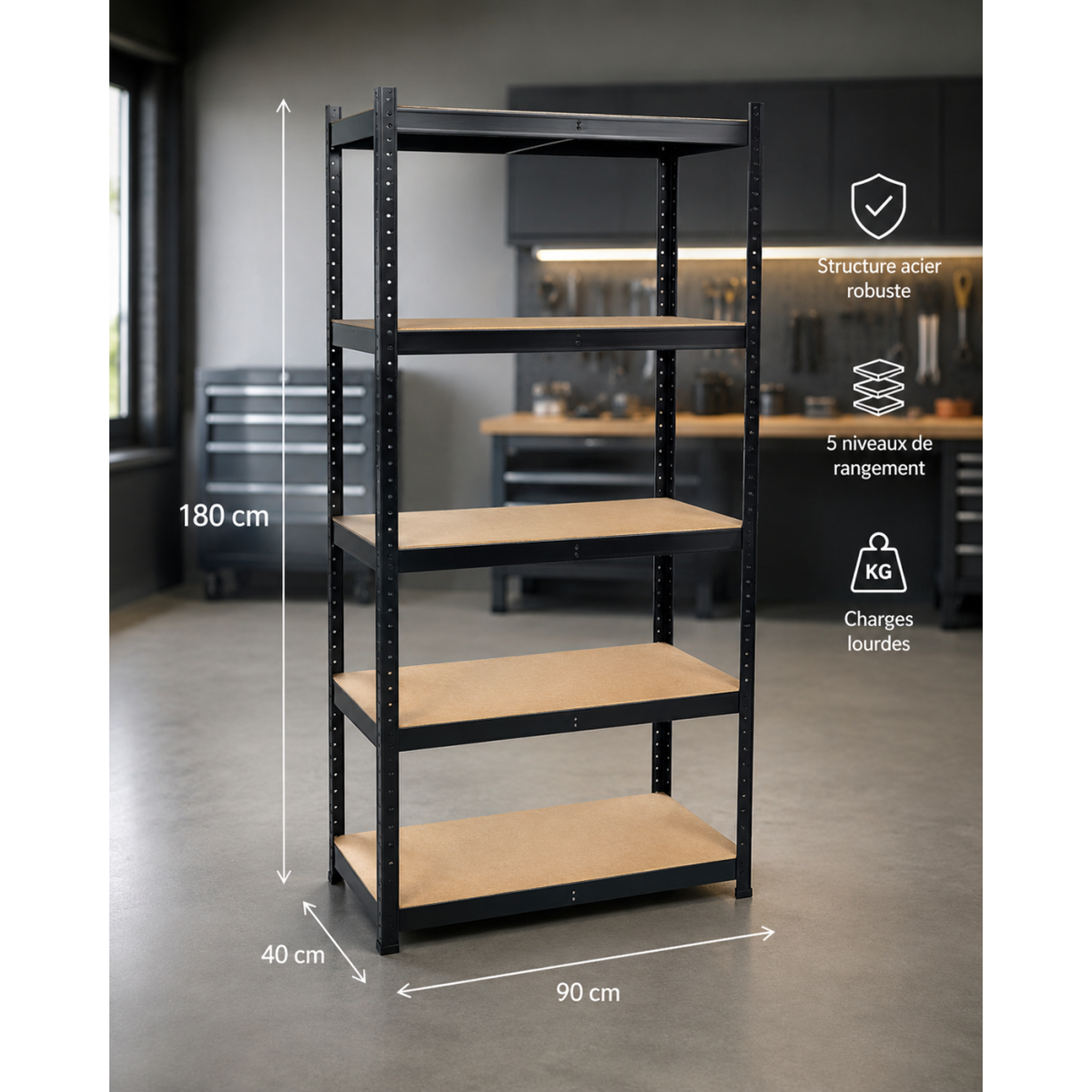 Voir la diapositive 2 : INTEC Etagère de rangement noire 90 x 40 x h180cm - rayonnage métal haute qualité 5 plateaux charges lourdes 1500kg intec