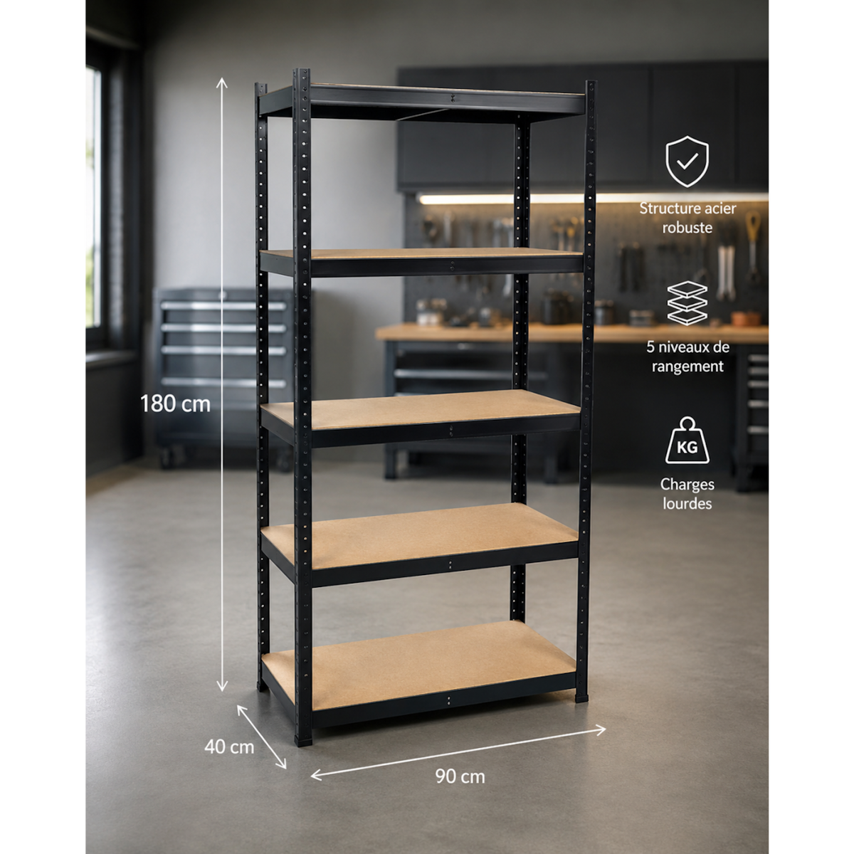 INTEC Etagère de Rangement Noire 90 x 40cm x H180cm - Rayonnage Métal Haute qualité 5 Plateaux Charges lourdes 1500kg INTEC