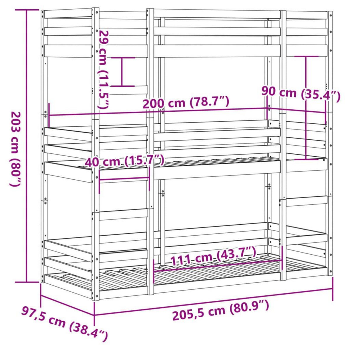 VIDAXL Lit superpose triple sans matelas 90x200 cm bois de pin massif