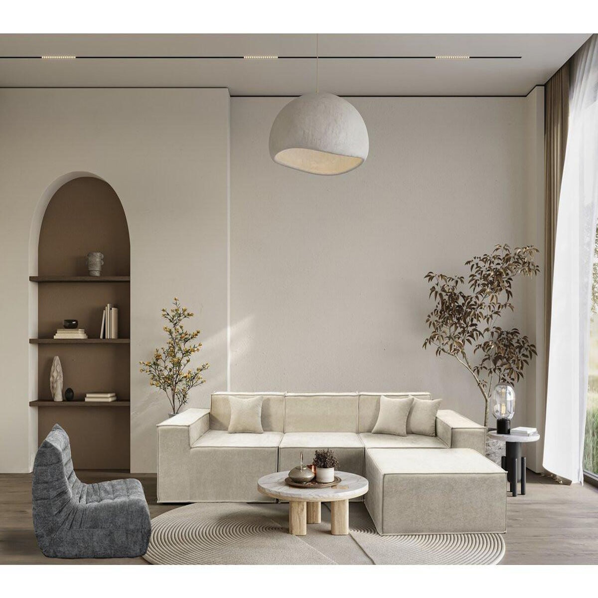 Habitat et Jardin Canapé droit modulable avec ottoman en tissu texturé  Lusso  - 4 places - Beige