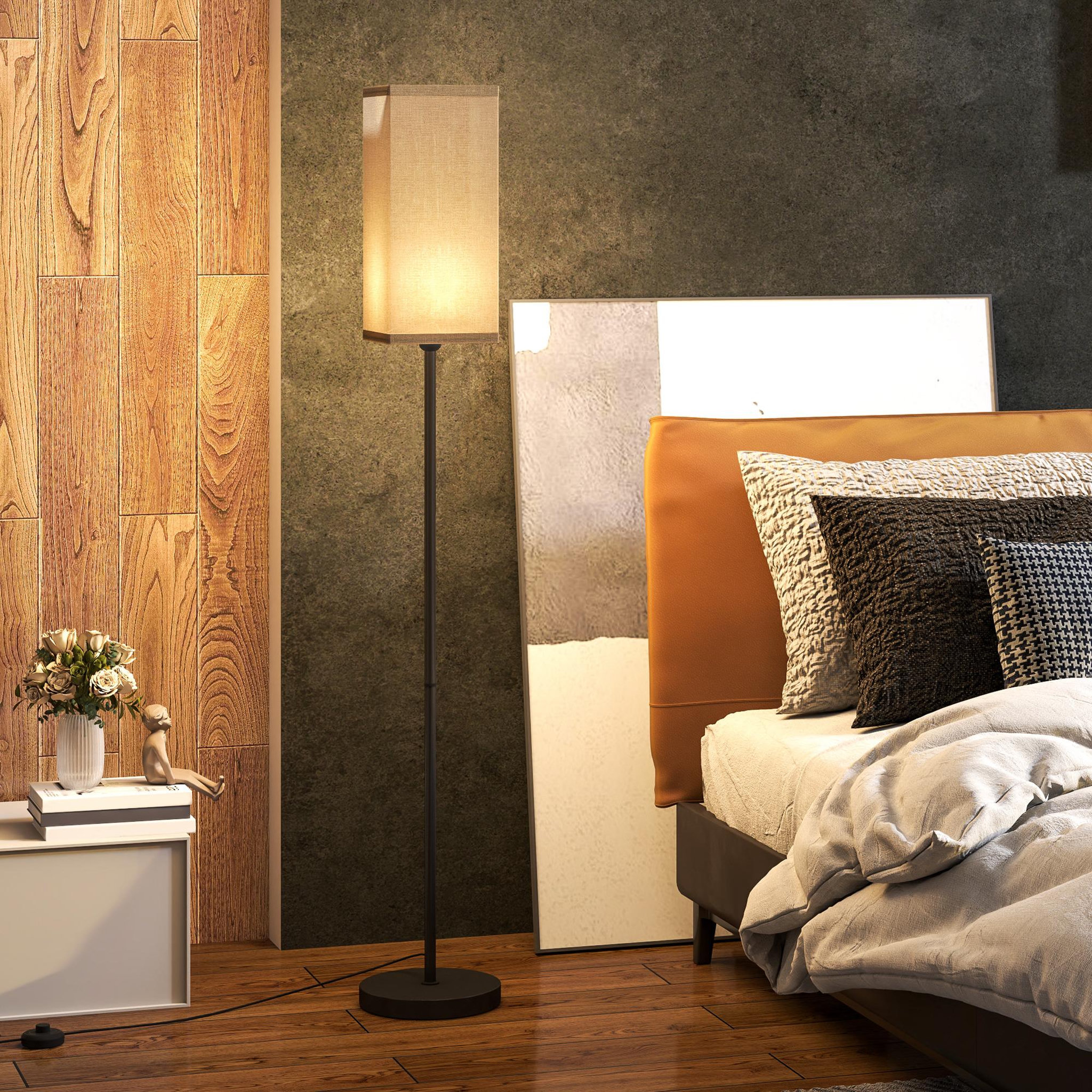 Voir la diapositive 2 : HOMCOM Lampadaire droit style contemporain h.161 cm métal noir abat-jour beige effet lin