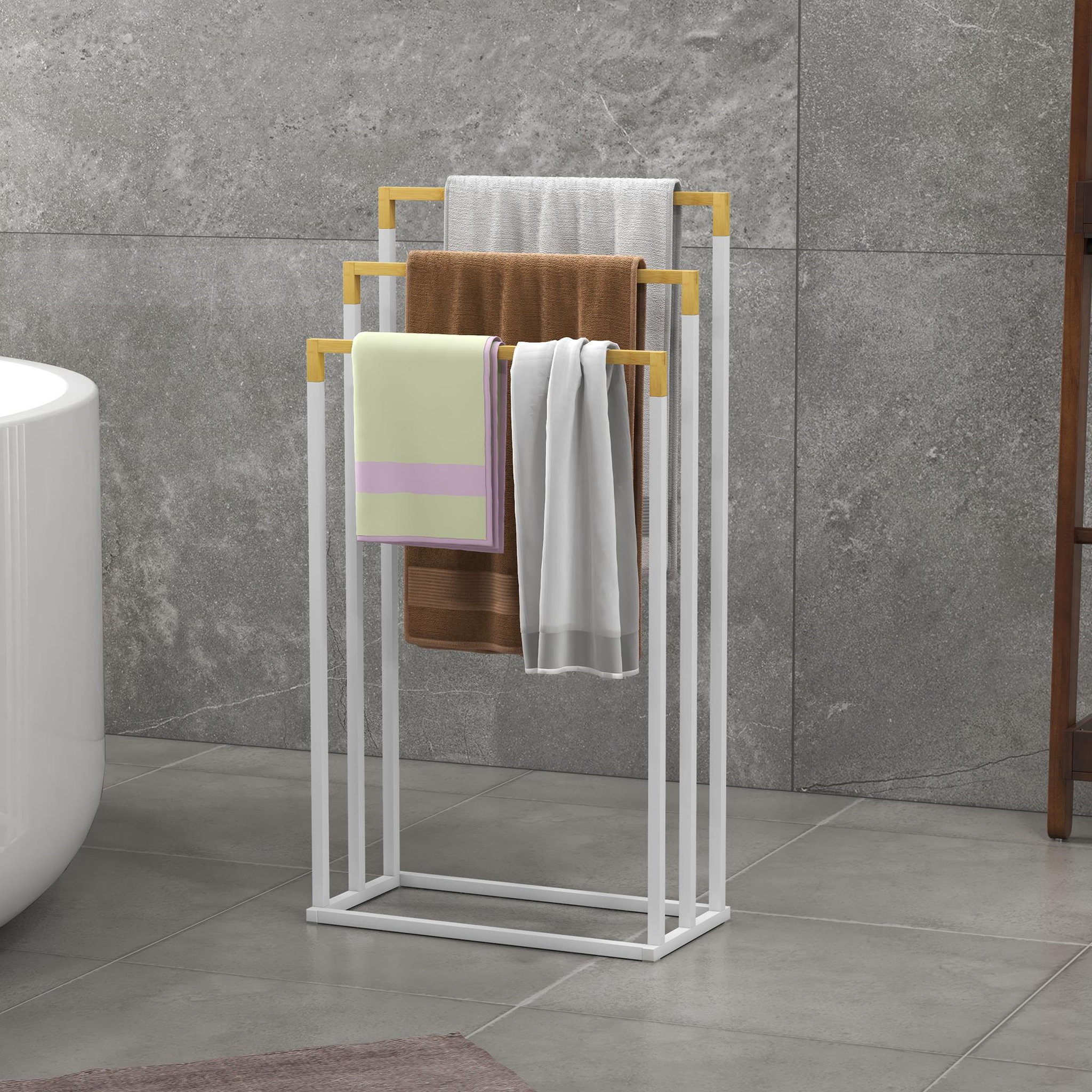 Voir la diapositive 2 : KLEANKIN Porte-serviette autoportant 3 barres - dim. 45l x 22l x 86h cm - bois bambou acier blanc
