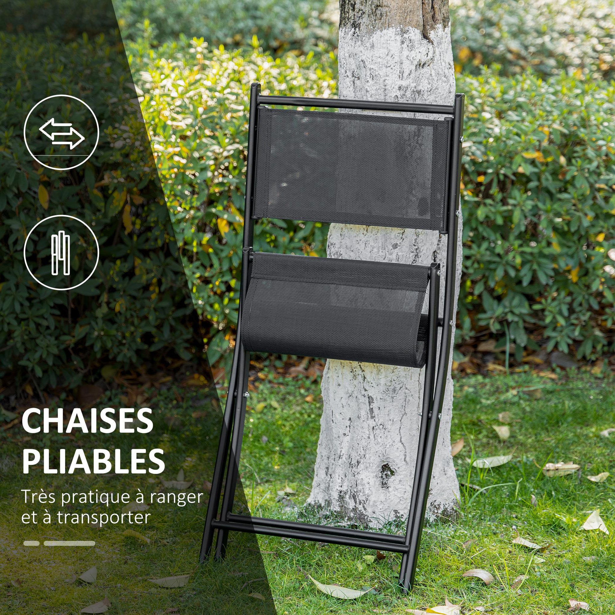 Voir la diapositive 5 : OUTSUNNY Salon de jardin bistro 2 chaises pliables - table ronde dim. Ø60 x 70H cm - plateau verre trempé métal époxy textilène noir