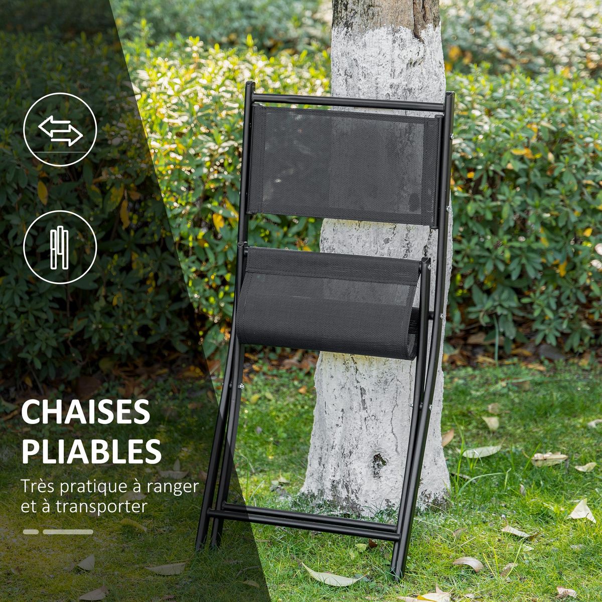 OUTSUNNY Salon de jardin bistro 2 chaises pliables - table ronde dim. Ø60 x 70H cm - plateau verre trempé métal époxy textilène noir