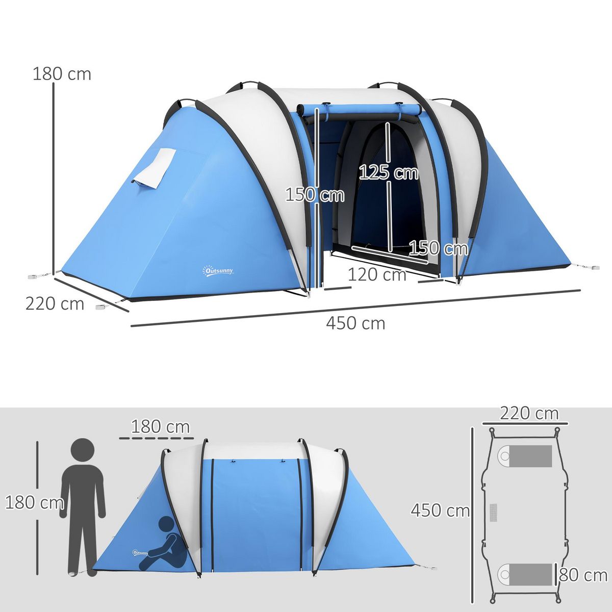 OUTSUNNY Tente de camping familiale 4-5 pers. 2 chambres 3 fenêtres sac bleu