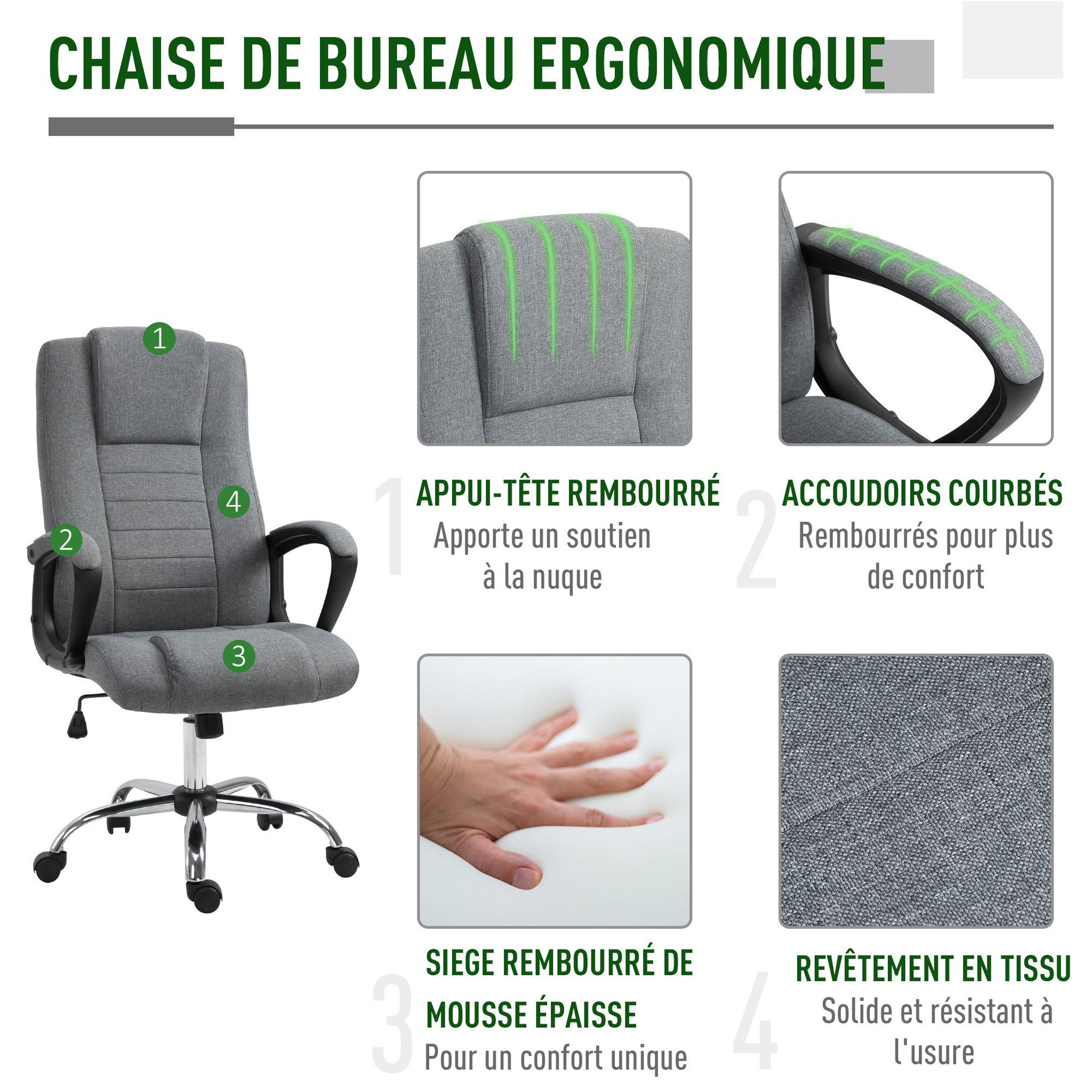 Voir la diapositive 3 : HOMCOM HOMCOM Fauteuil de bureau à roulettes chaise manager ergonomique pivotante hauteur réglable lin gris foncé