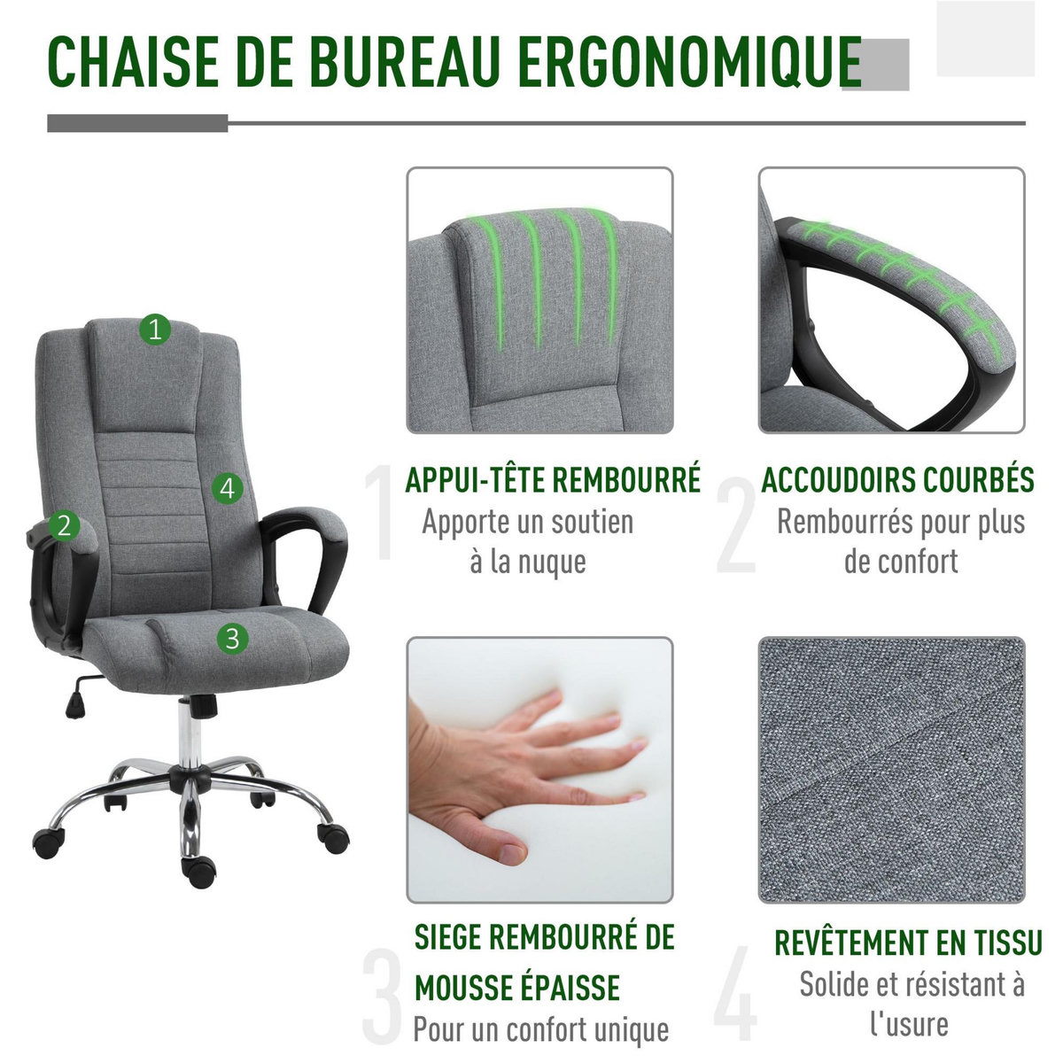 HOMCOM HOMCOM Fauteuil de bureau à roulettes chaise manager ergonomique pivotante hauteur réglable lin gris foncé