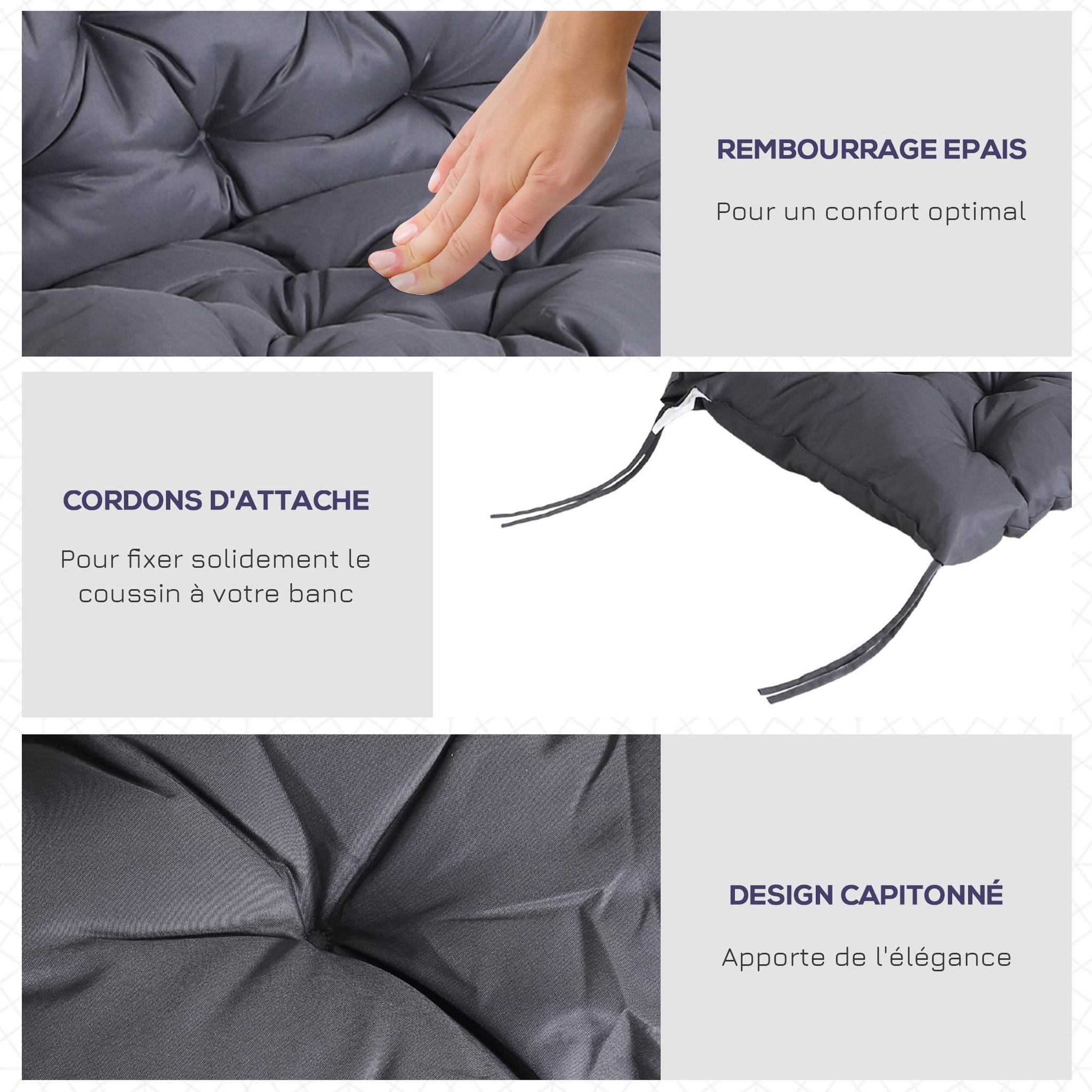 Voir la diapositive 5 : OUTSUNNY Coussin matelas assise dossier pour banc de jardin balancelle canapé grand confort 100 x 98 x 8 cm gris