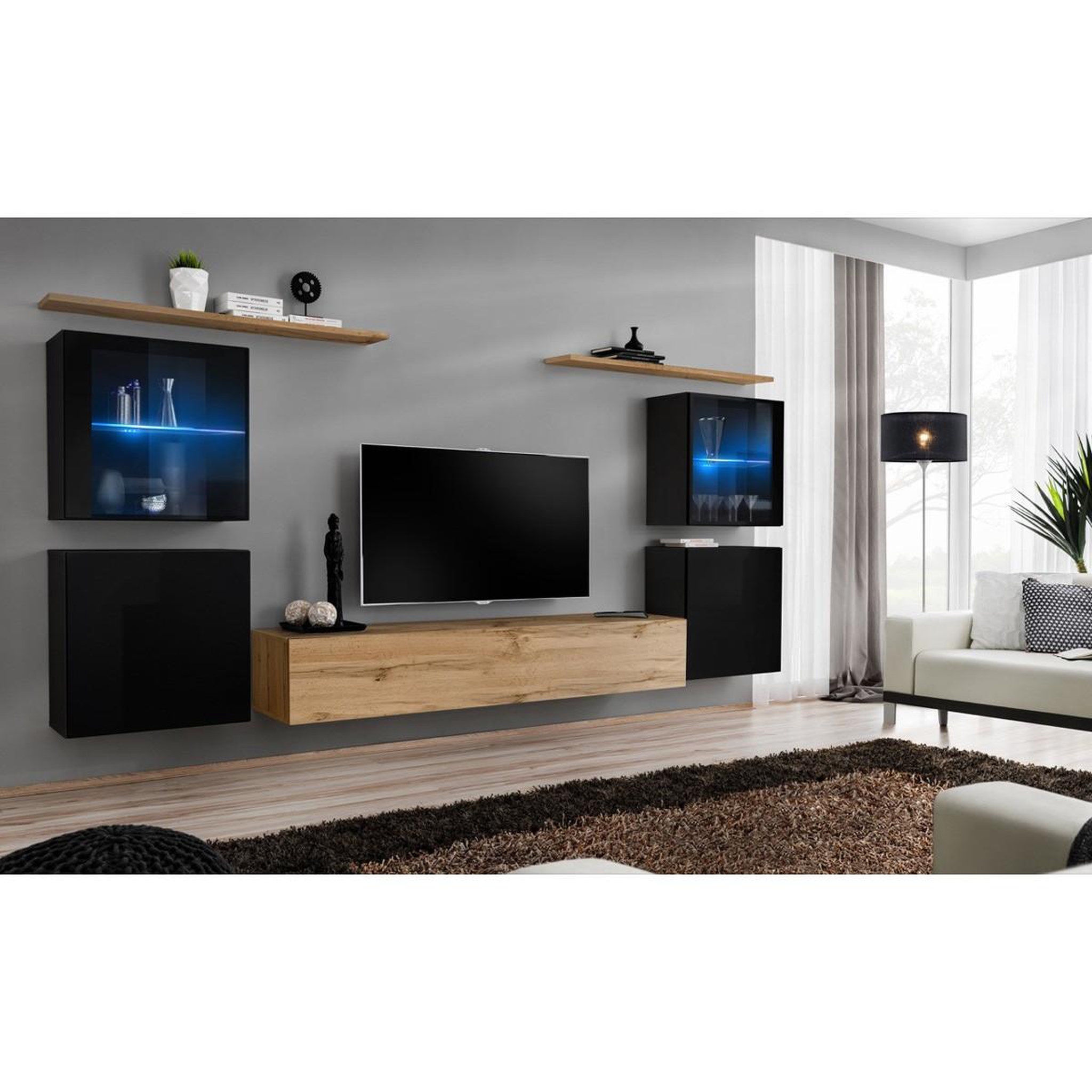 Voir la diapositive 2 : Paris Prix Meuble tv mural design  switch xiv  320cm noir & naturel