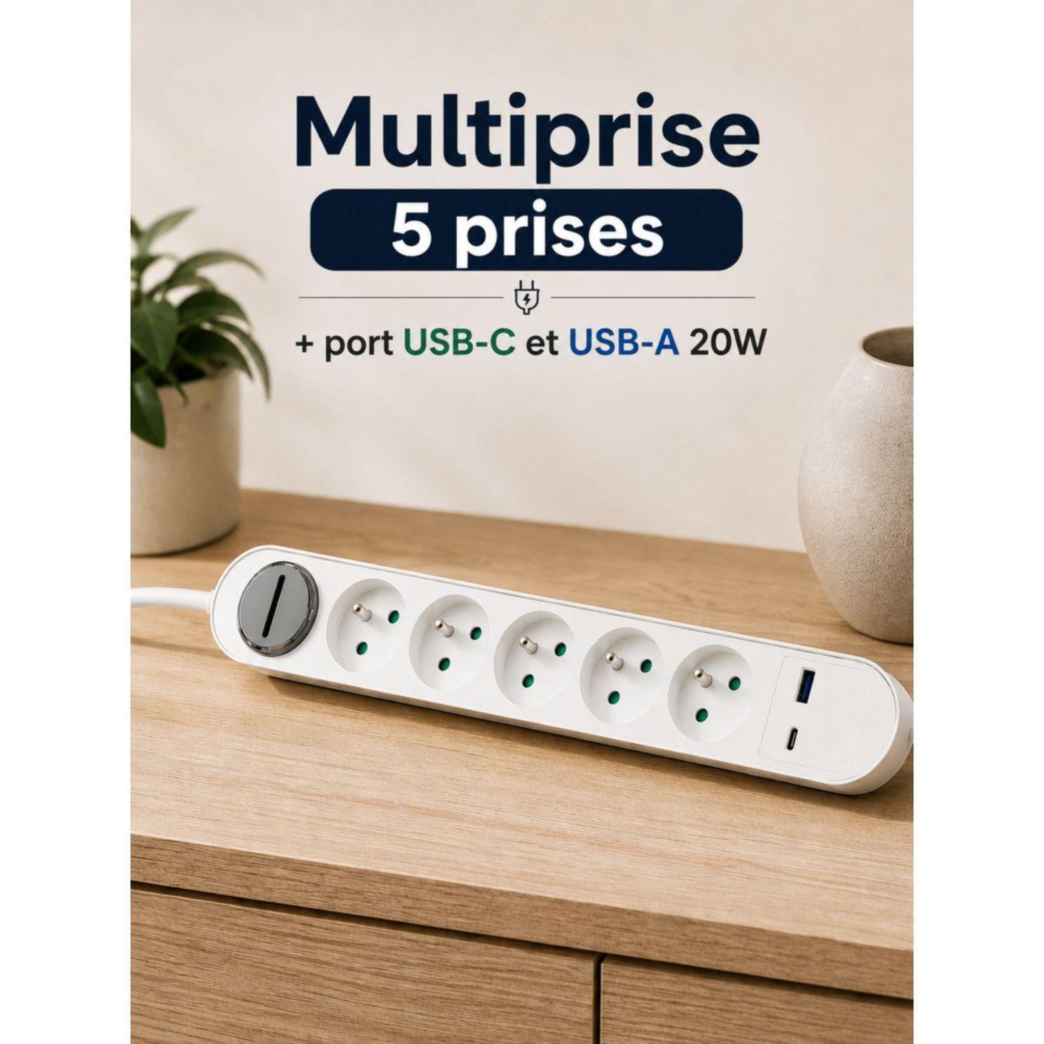 Voir la diapositive 2 : ESSENTIEL B Multiprise 5 prises + port usb-c et usb-a 20w