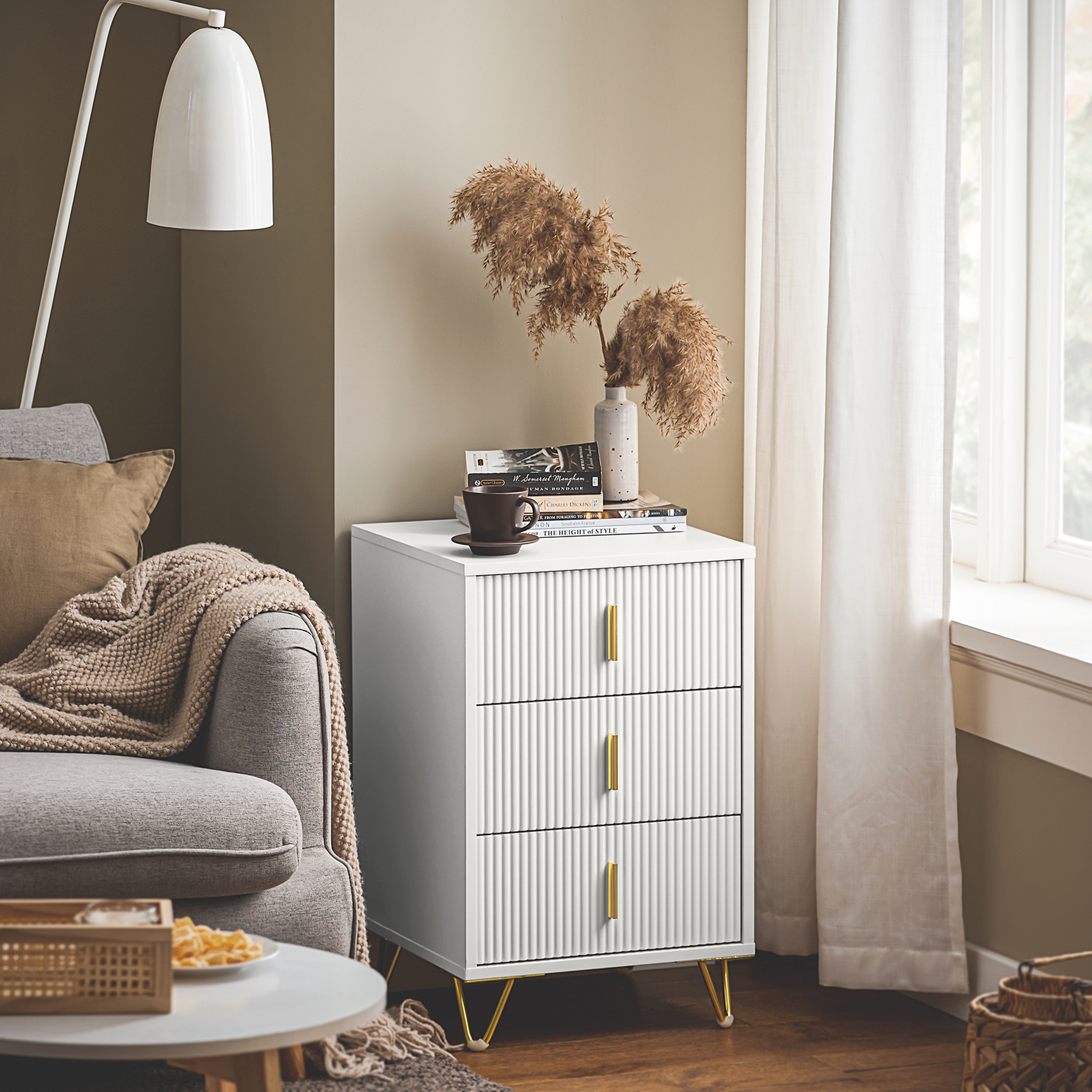 Voir la diapositive 2 : SOBUY Set de 2 Chevets 3 Tiroirs Blanc 40x36x63 cm Moderne FBT115-L-Wx2