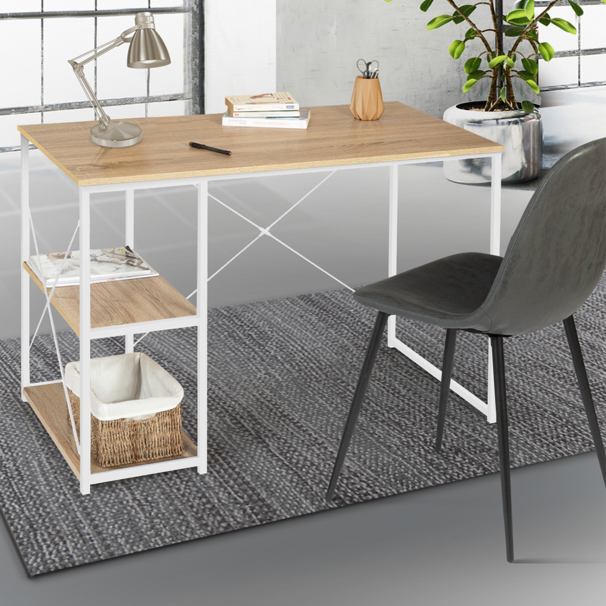 Voir la diapositive 2 : ID MARKET Bureau droit detroit design industriel bois et métal blanc