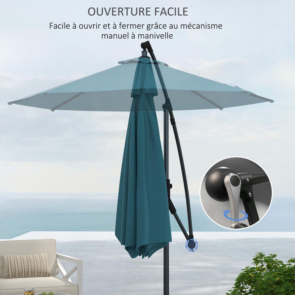 OUTSUNNY Parasol déporté octogonal inclinable Ø 2,93 x 2,60 m avec pied métal époxy alu bleu canard