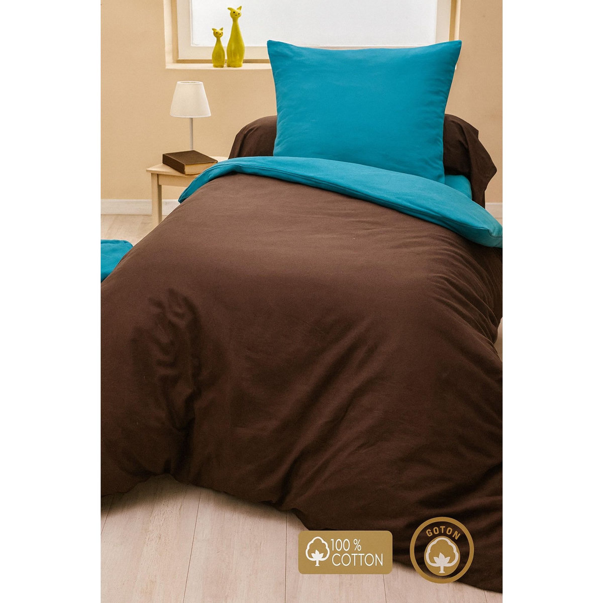 Home collection Parure housse de couette 3pcs 260x240cm 100%coton 57fils choco/turquoise