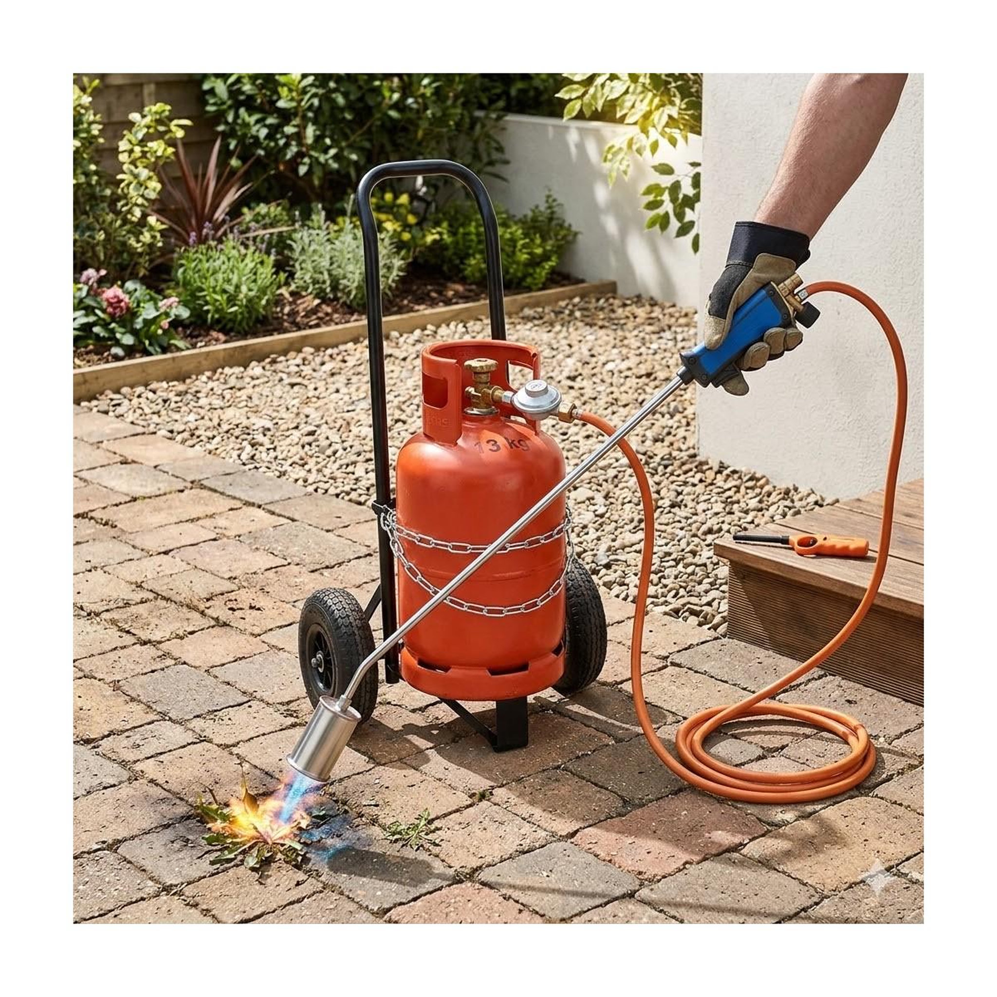Voir la diapositive 3 : Kemper Desherbeur thermique + chariot à roues pour bouteille gaz + allume gaz + détendeur gaz bruleur 60mm tuyau 5m désherbage kemper