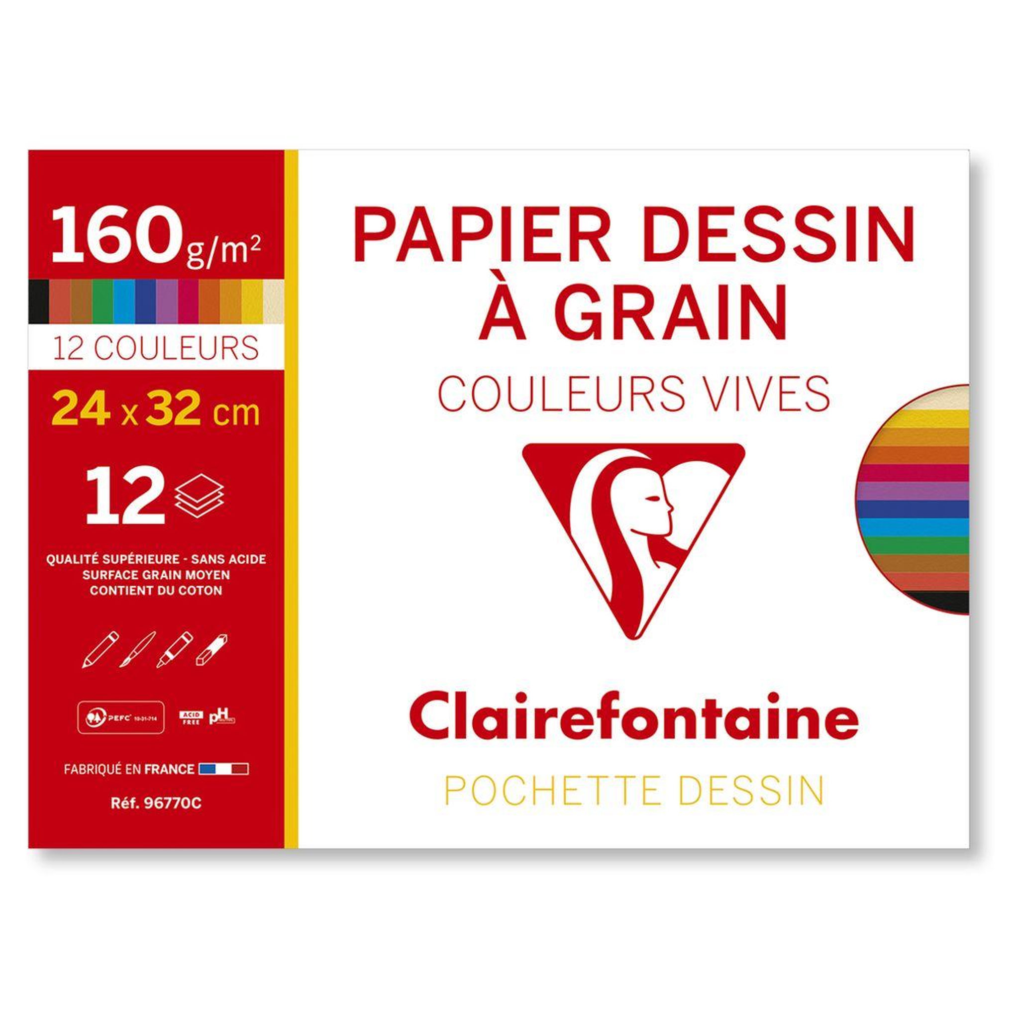 CLAIREFONTAINE Pochette de papier à dessin à grain 12 feuilles 24x32cm 160g couleurs vives