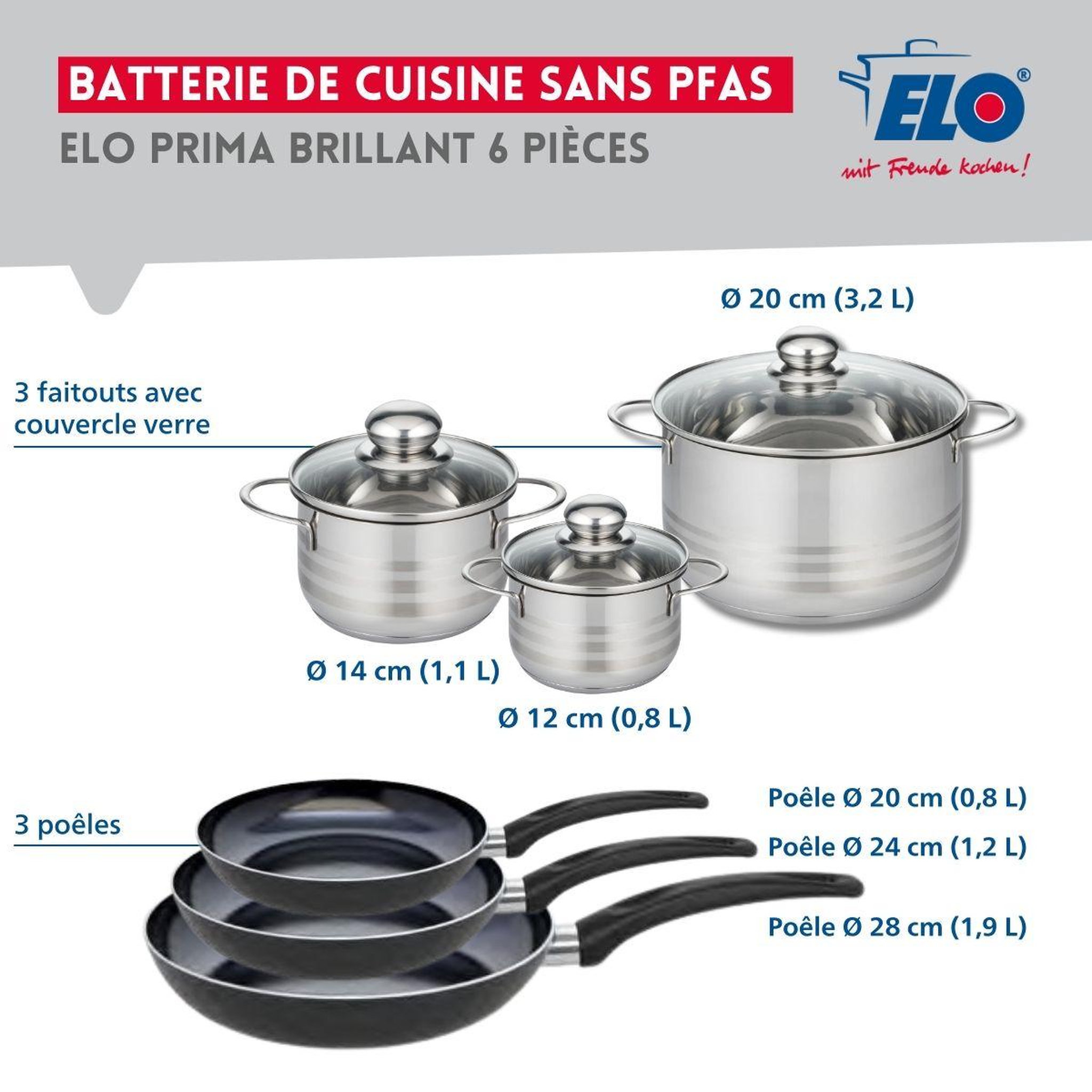 Voir la diapositive 2 : ELO Ensemble de 3 poêles de cuisson 20, 24 et 28 cm et 3 faitouts 12, 14 et 20 cm elo prima brillant