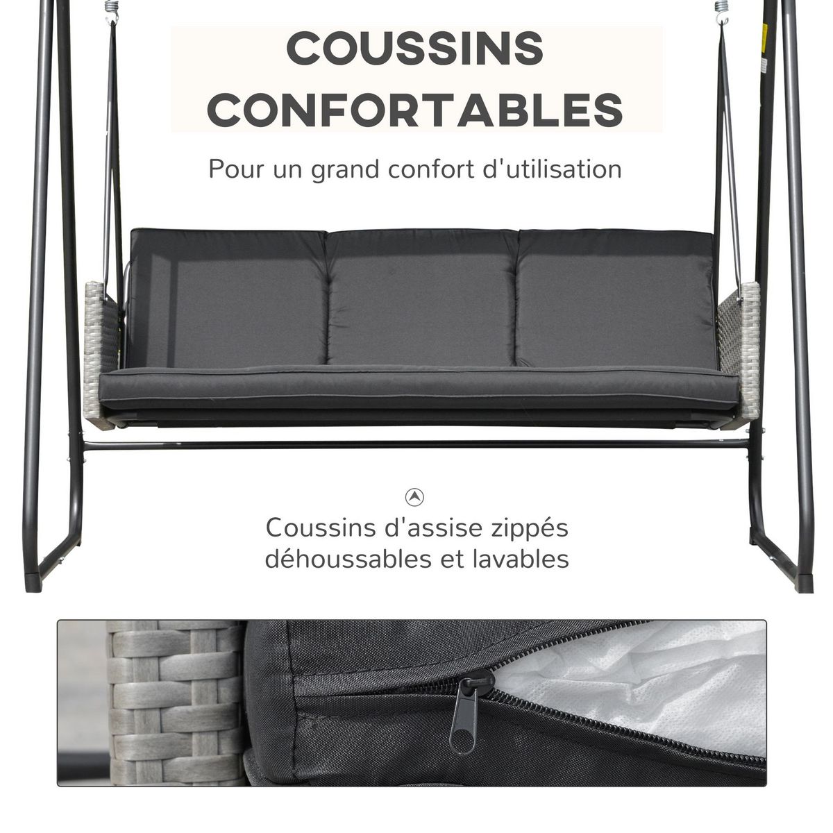 OUTSUNNY Balancelle de jardin 3 places auvent inclinaison réglable coussins assise et dossier résine tressée grise acier époxy polyester noir