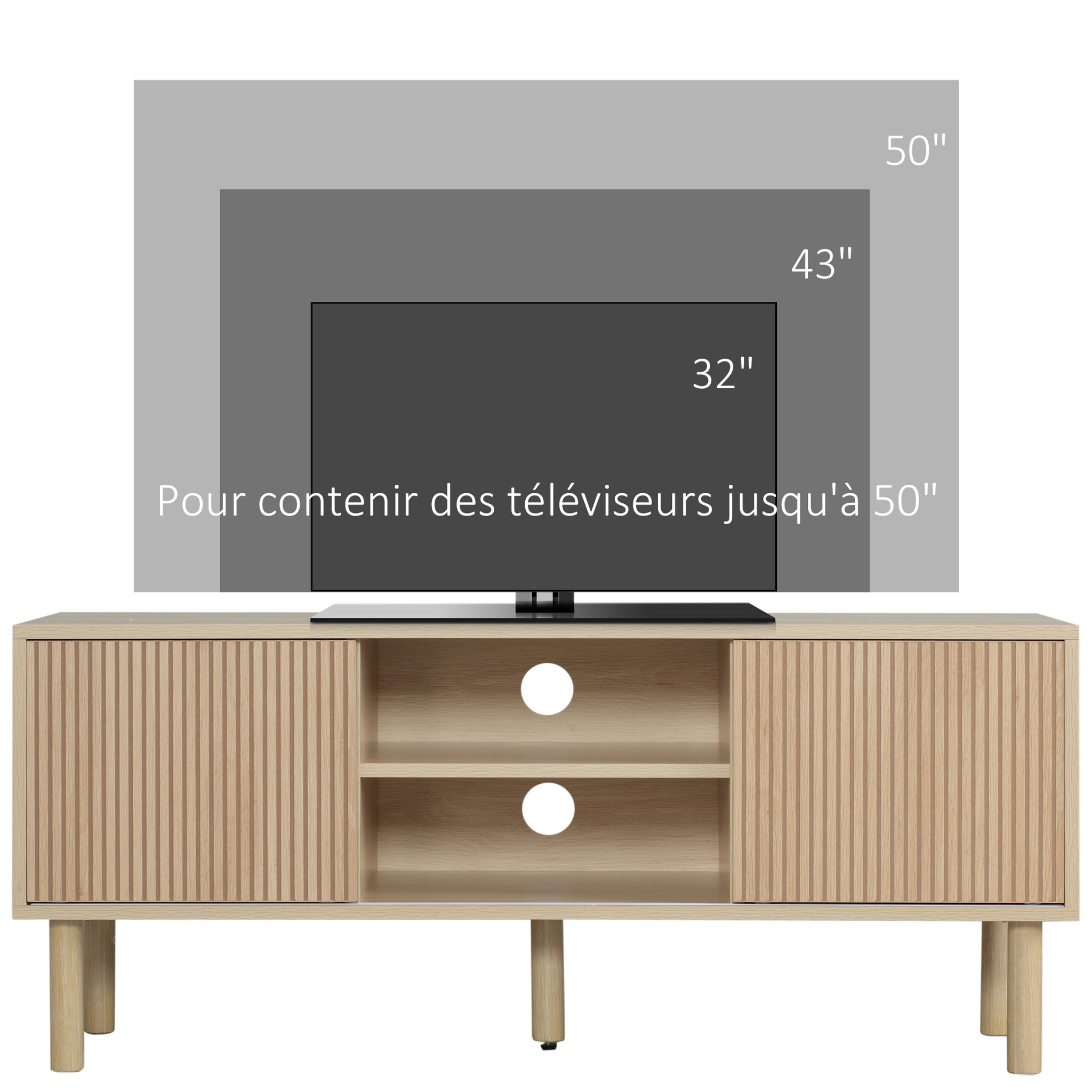 Voir la diapositive 5 : HOMCOM Meuble TV banc TV design Urban Craft - 2 portes coulissantes, 2 niches - piètement cylindrique - panneaux particules aspect bois clair