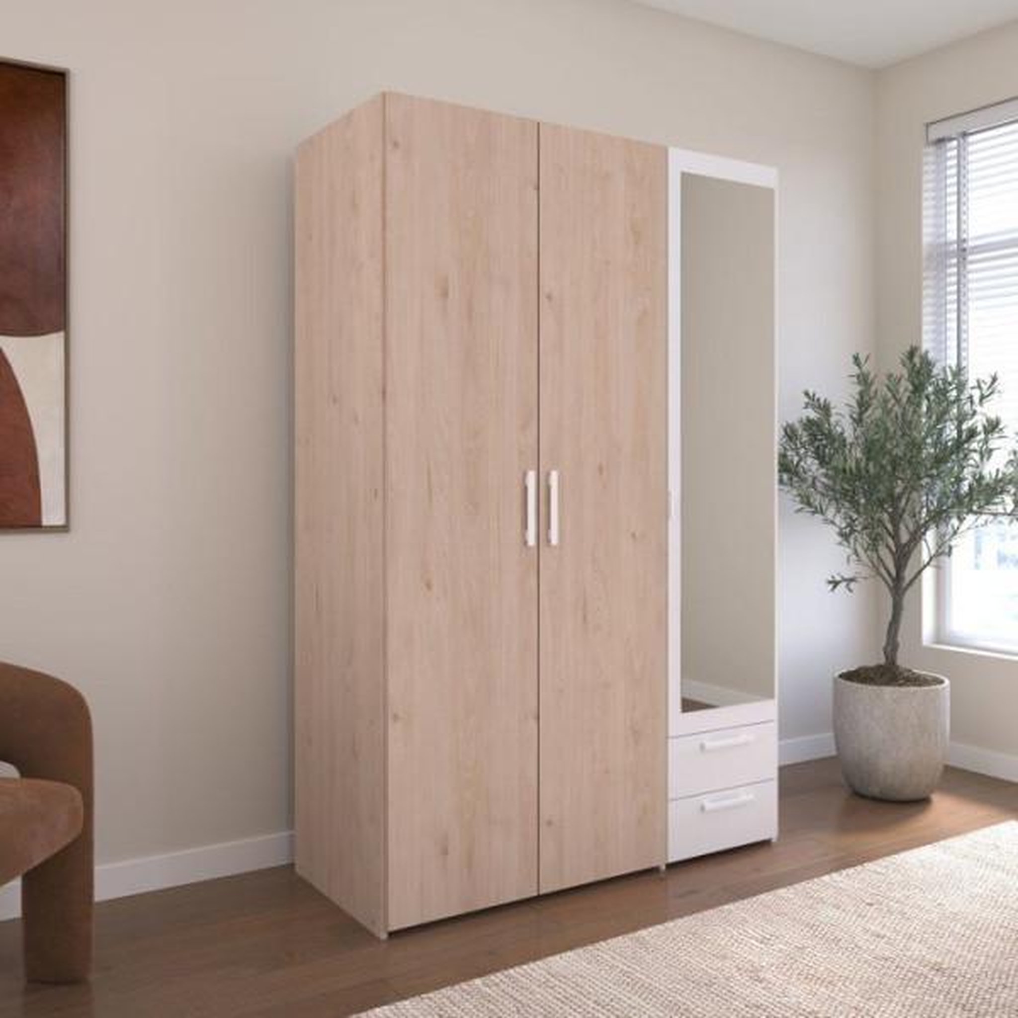 Voir la diapositive 3 : PARISOT Armoire VARIA - Panneaux de particules revetu papier - Décor chene et blanc - 3 portes - L 120,3 x P 5,7 x H 185 cm