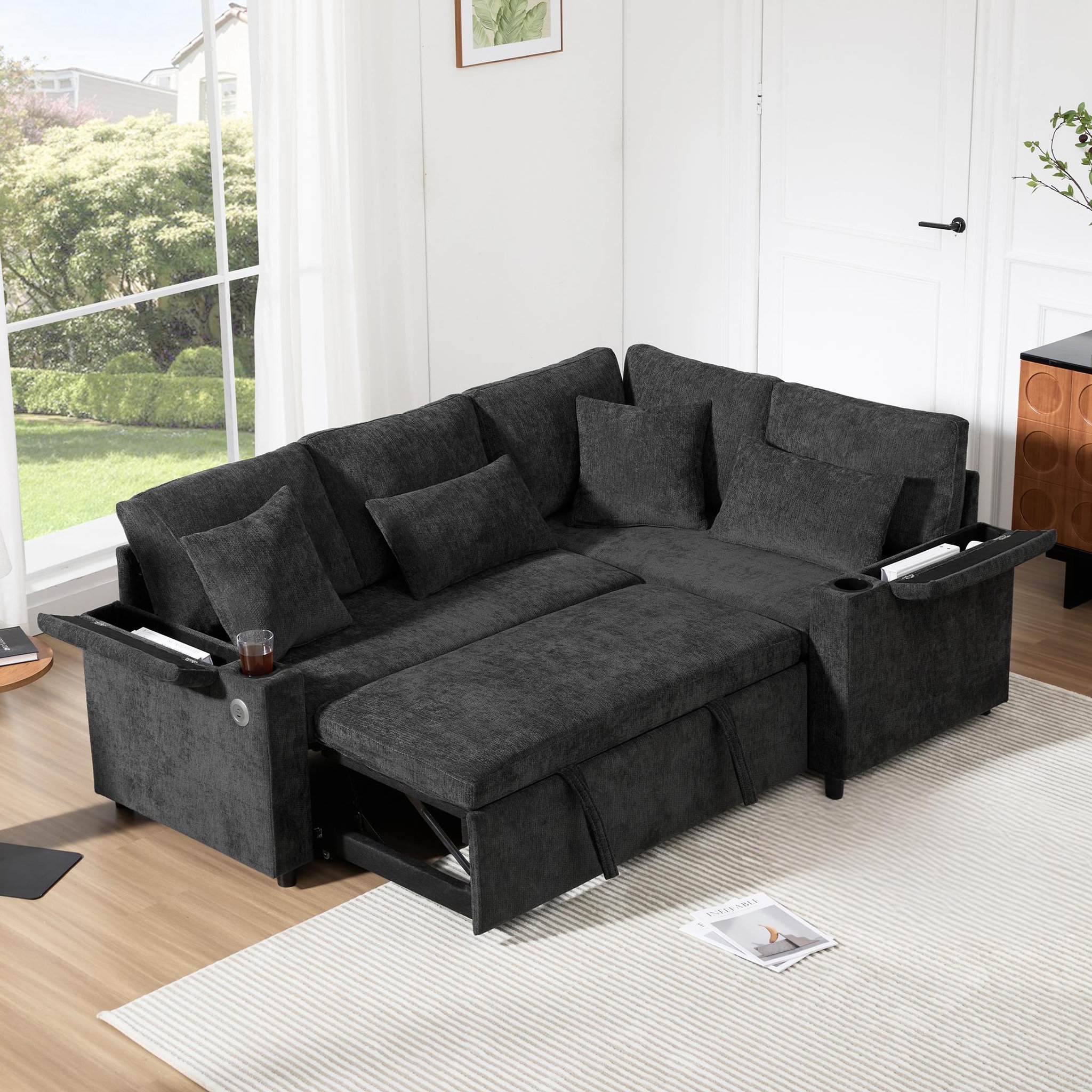 Voir la diapositive 2 : MERAX Canapé d'angle droit convertible 4 places tissu coffre de rangement