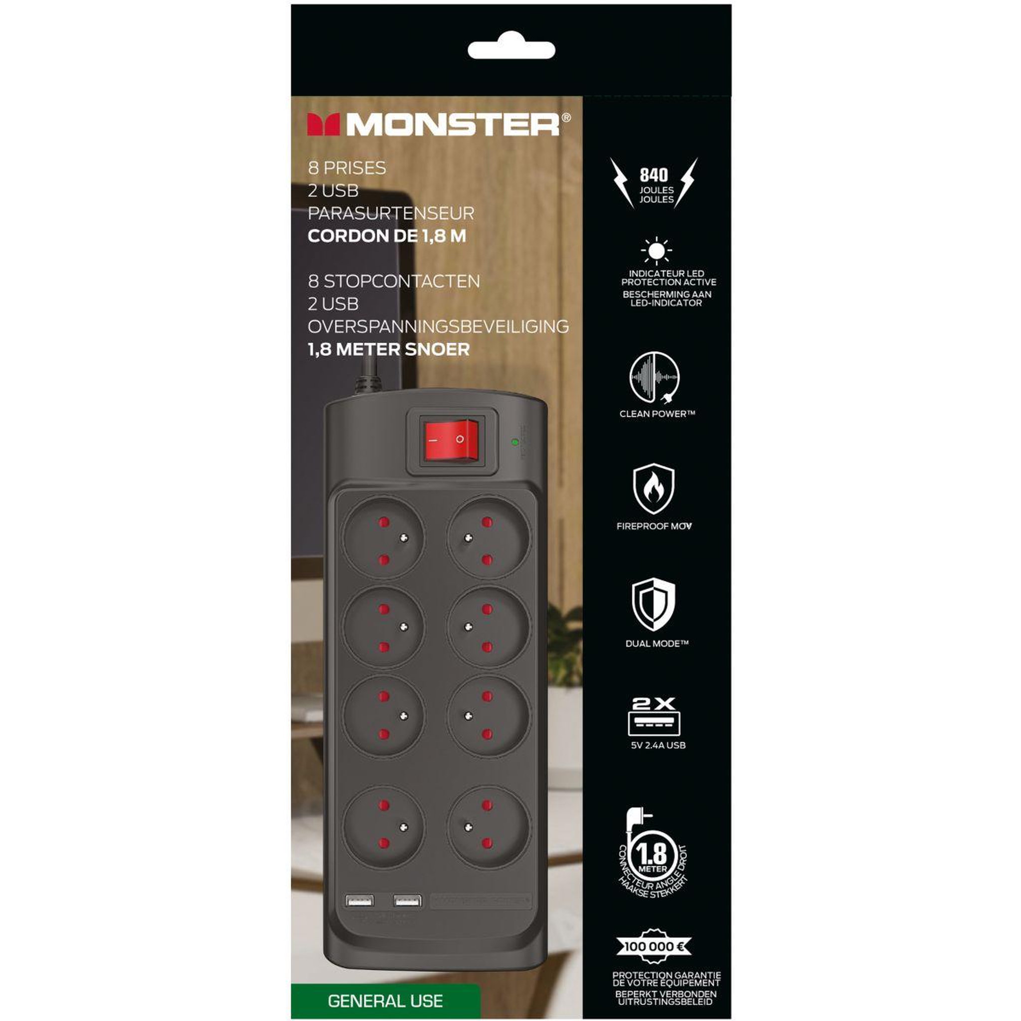 Voir la diapositive 4 : Monster Cable Rallonge parafoudre parasurtenseur 8 prises + 2 usb-a