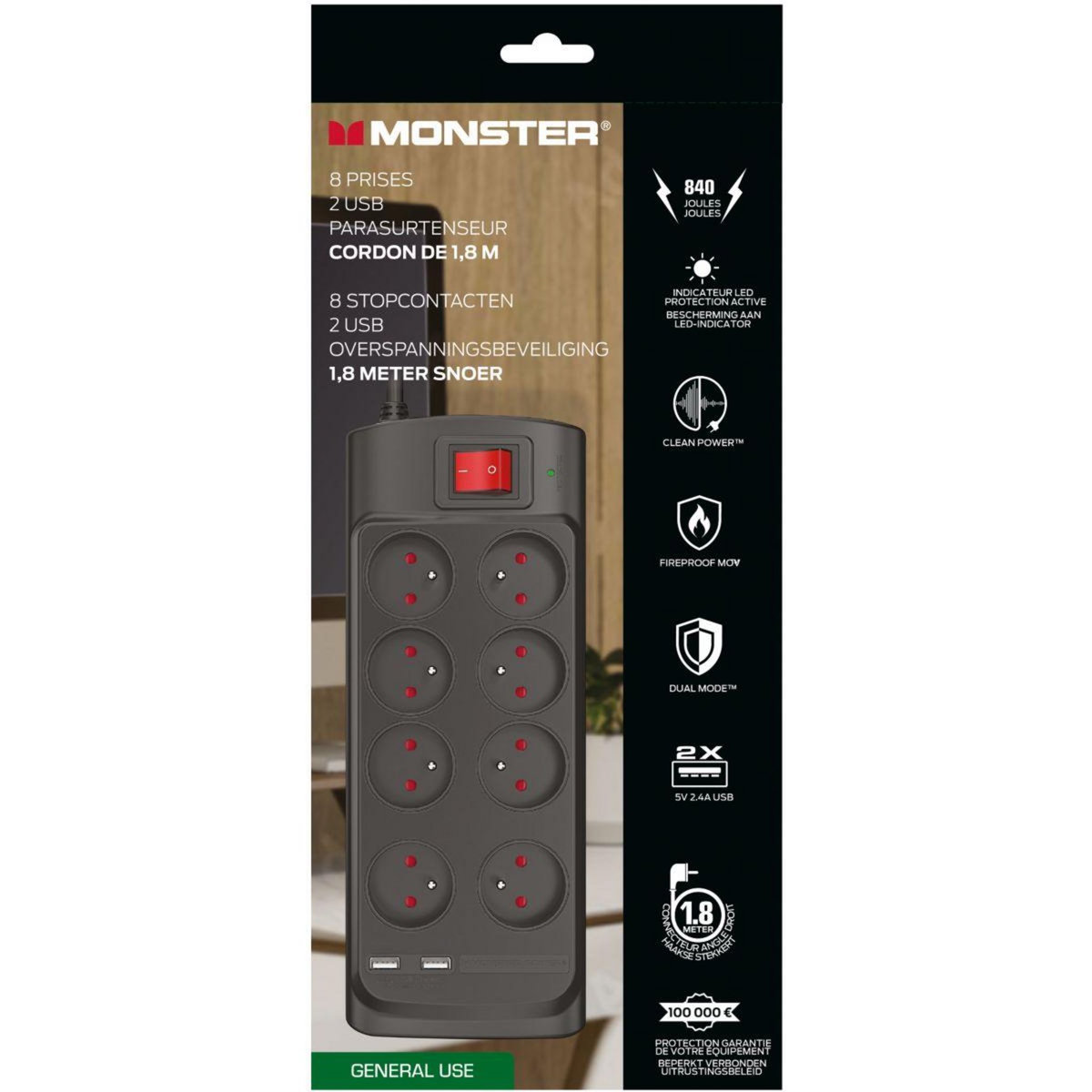 Monster Cable Rallonge parafoudre Parasurtenseur 8 prises + 2 USB-A