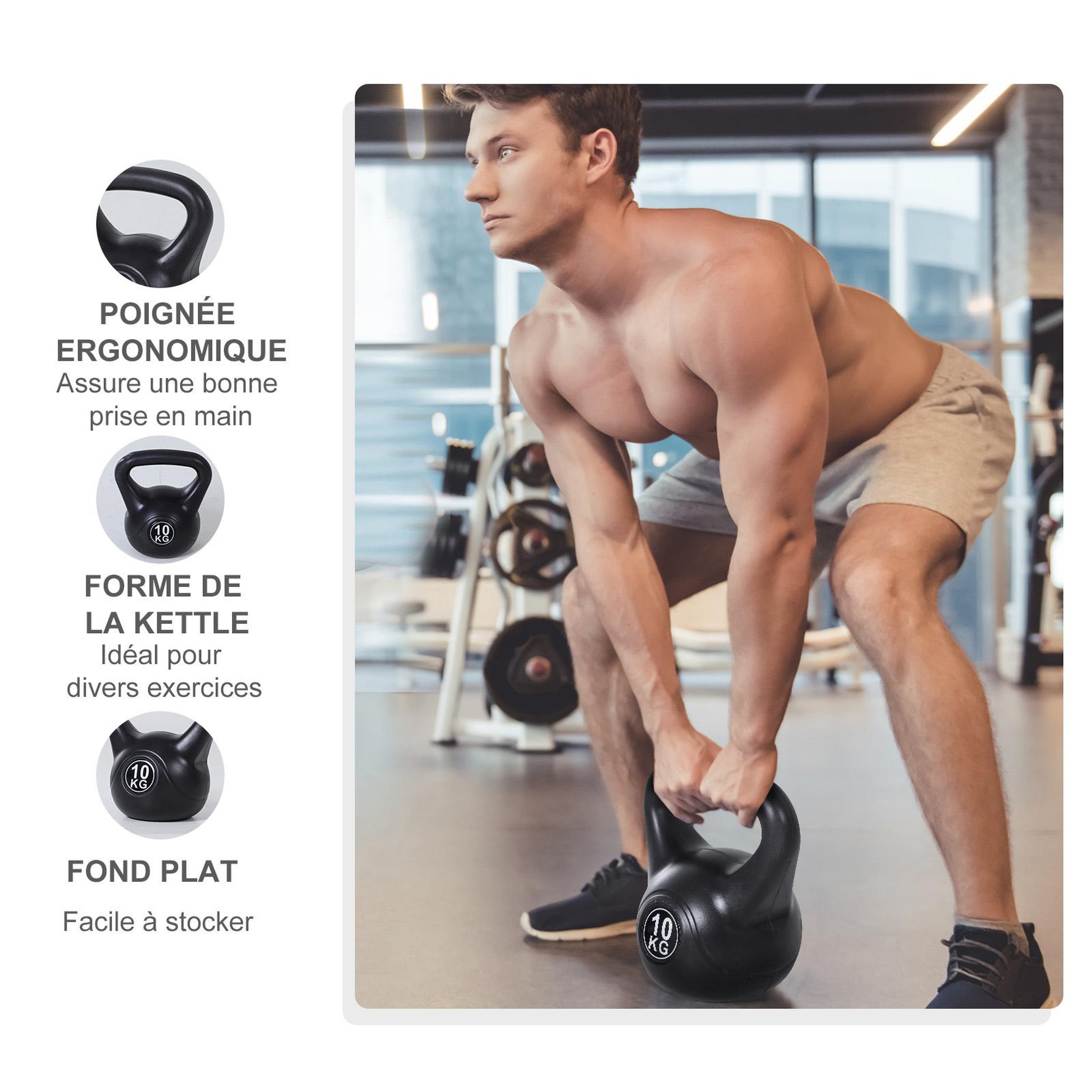 Voir la diapositive 4 : HOMCOM Kettlebell 8 kg - haltère boule - poignée ergonomique - pvc noir