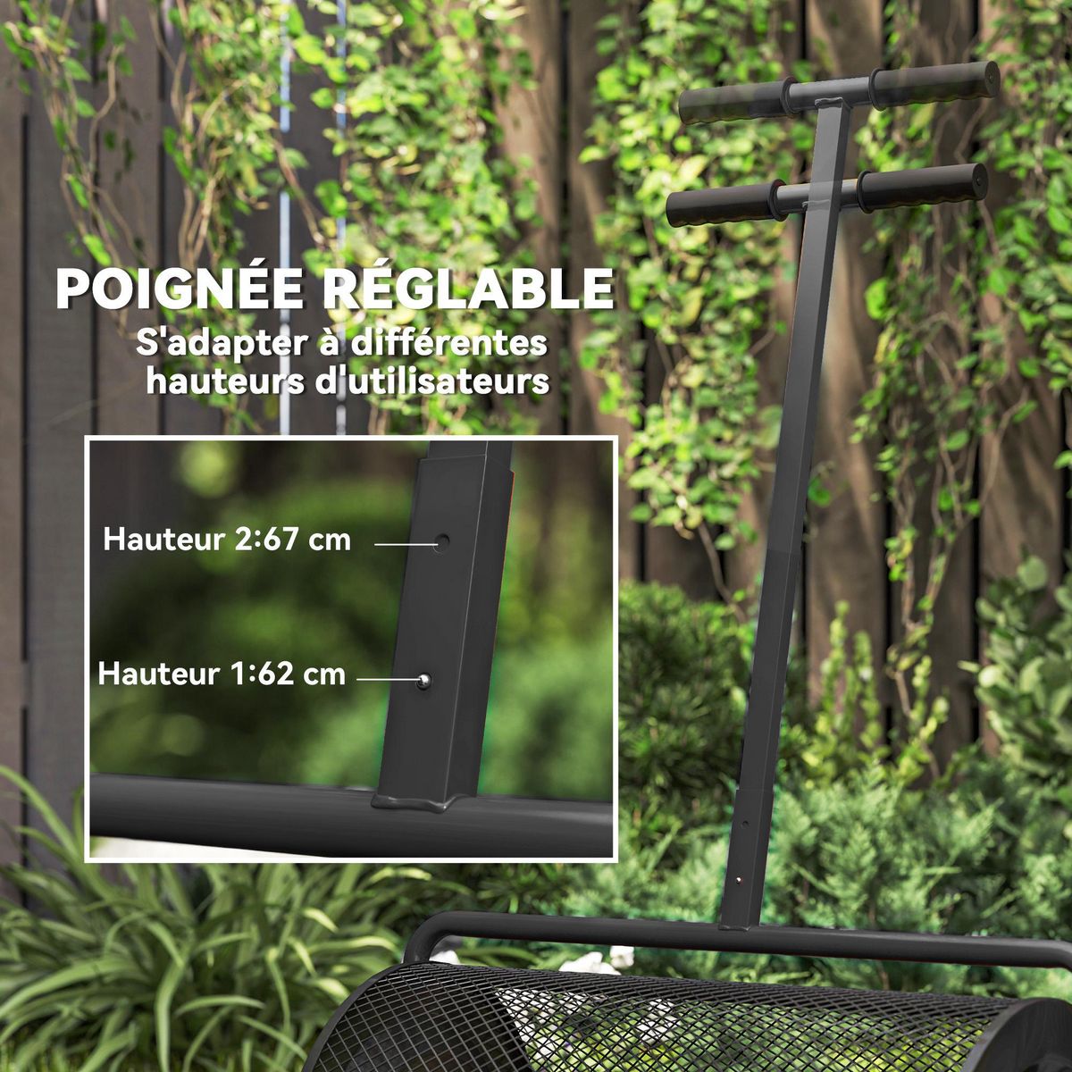 OUTSUNNY Épandeur de compost 75L - rouleau épandeur - poignée telescopique réglable - métal noir