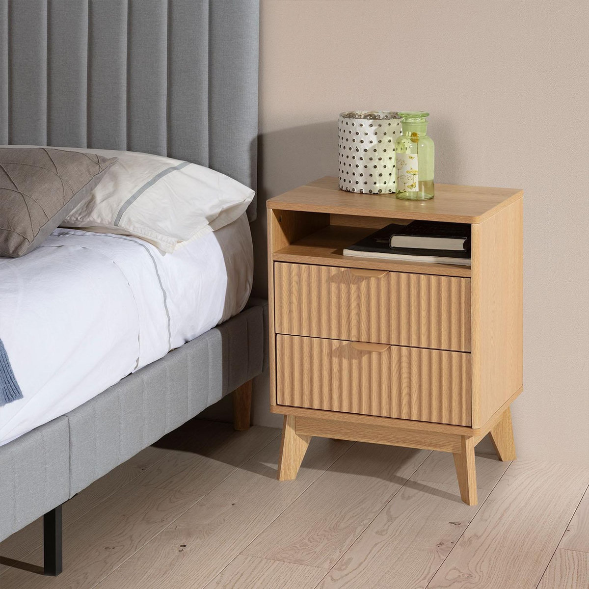 VS VENTA-STOCK Table chevet Oporto 2 tiroirs 1 étagère effet Chêne