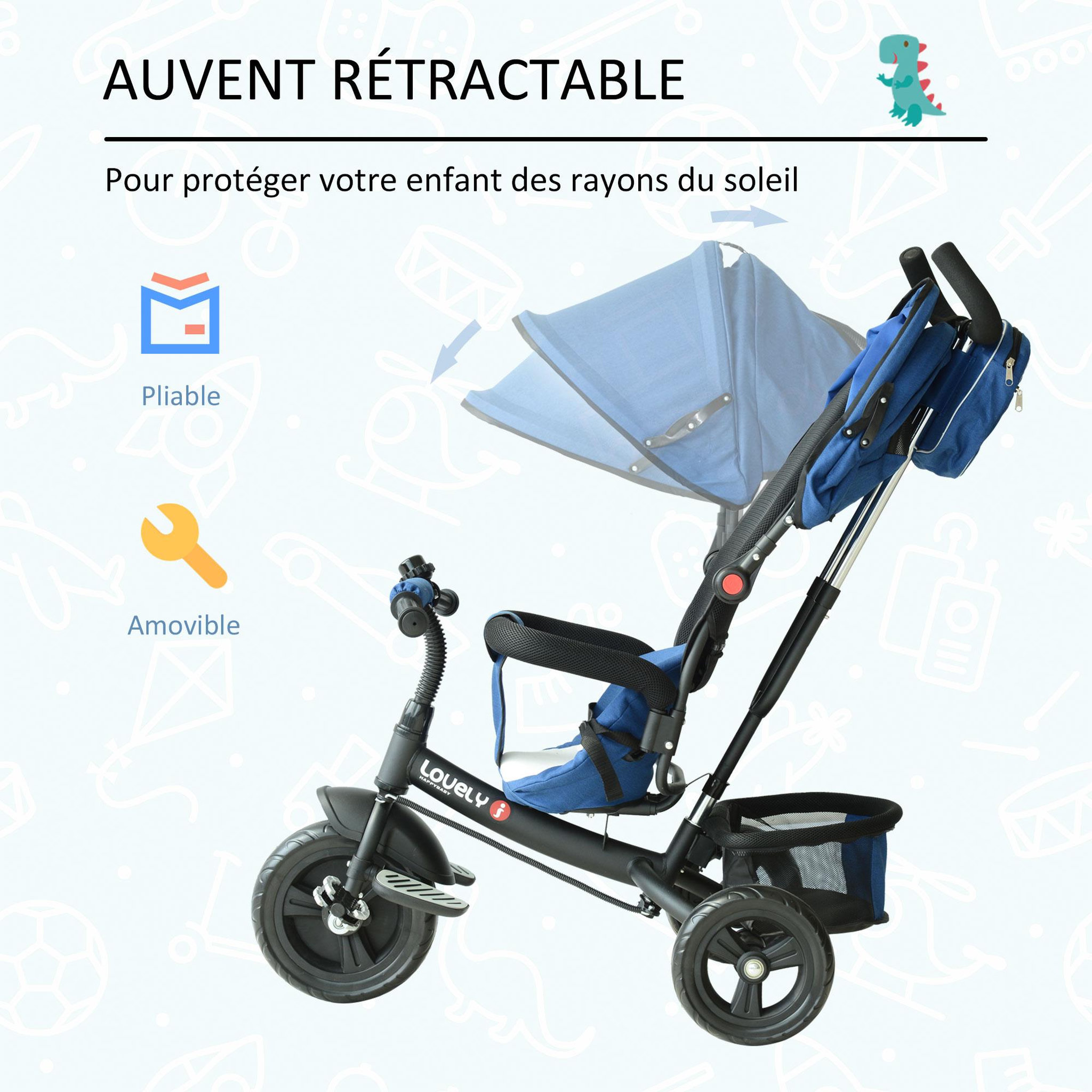 Voir la diapositive 5 : HOMCOM Tricycle enfants évolutif canne  et pare-soleil pliable amovible sacoche et panier 102 x 49l x 102 cm acier bleu