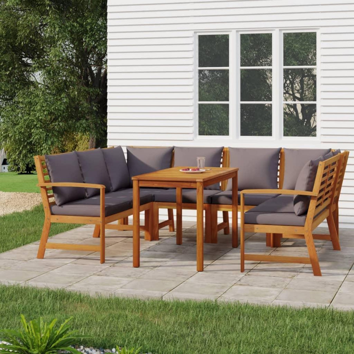 VIDAXL Ensemble a manger de jardin coussins 7 pcs Bois acacia