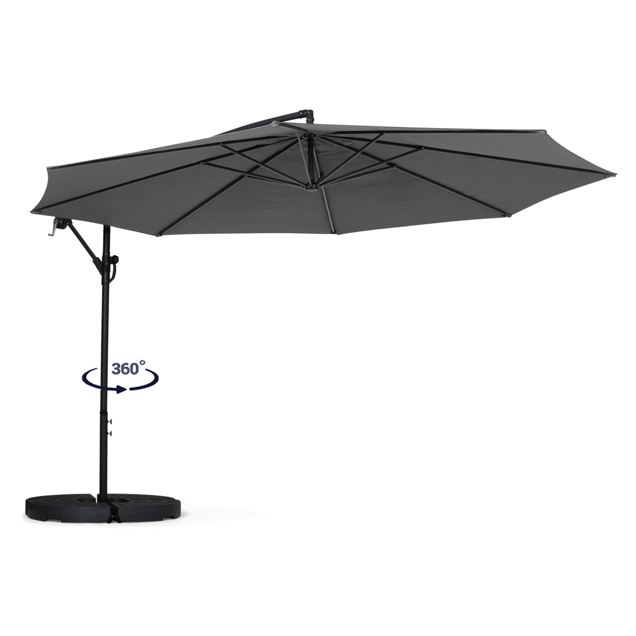 Voir la diapositive 4 : ID MARKET Parasol déporté rotatif 360 ajaccio gris d.3,5m avec 4 dalles et housse