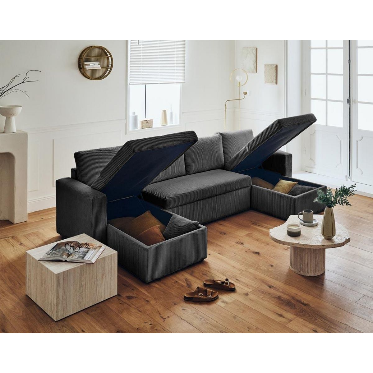 BEST MOBILIER Cyrus - canapé panoramique en u - 7 places - convertible avec coffre - en velours côtelé