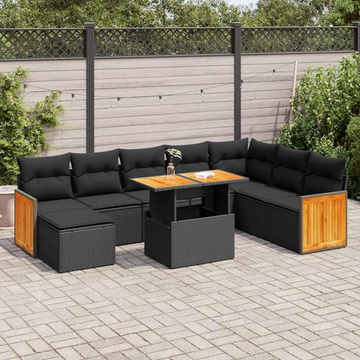 VIDAXL Salon de jardin avec coussins 9 pcs noir resine tressee acacia