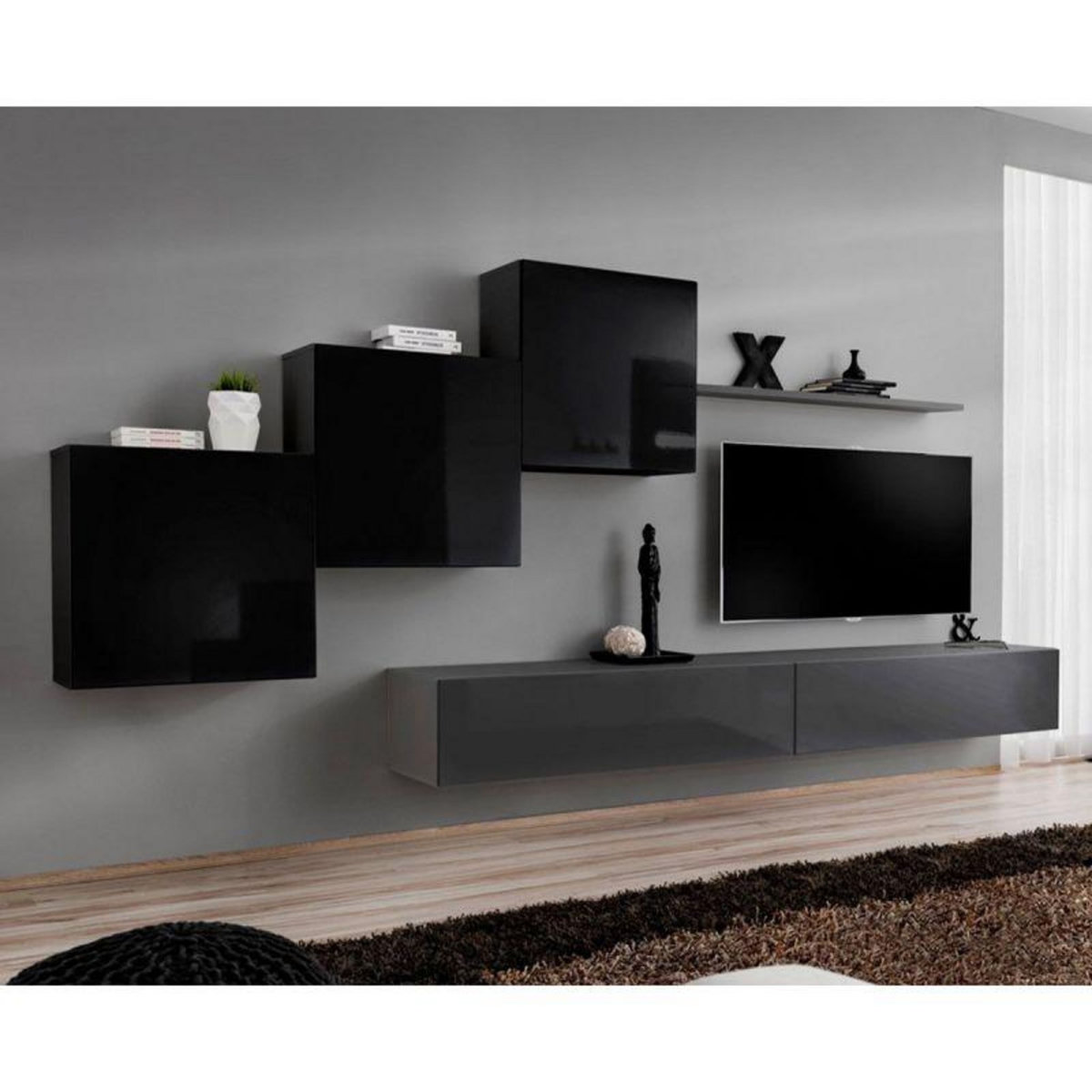 Paris Prix Meuble TV Mural Design  Switch X  330cm Noir & Gris