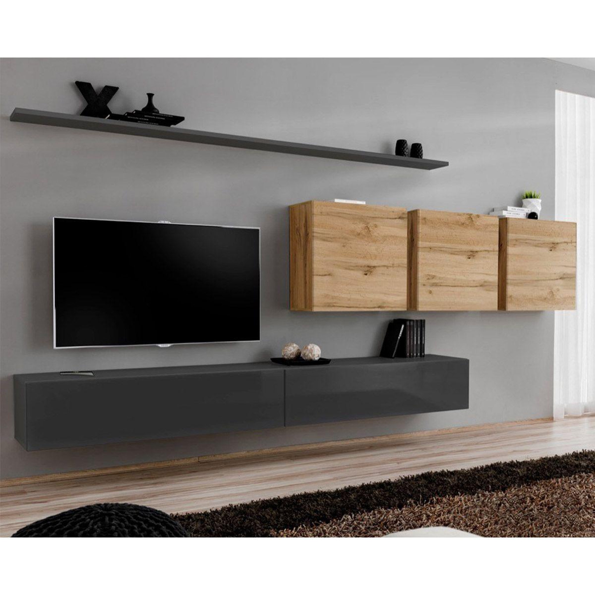 Voir la diapositive 1 : Paris Prix Meuble TV Mural Design  Switch VII  340cm Gris & Naturel