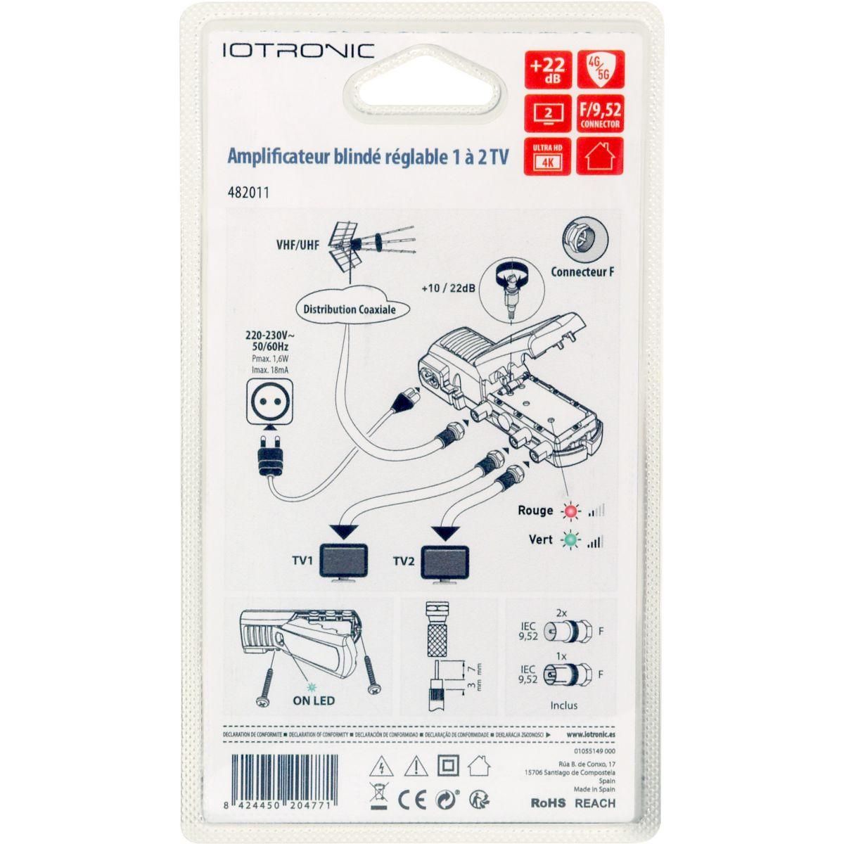 TELEVES Amplificateur TV intérieur 2 TV 22db réglable avec LED